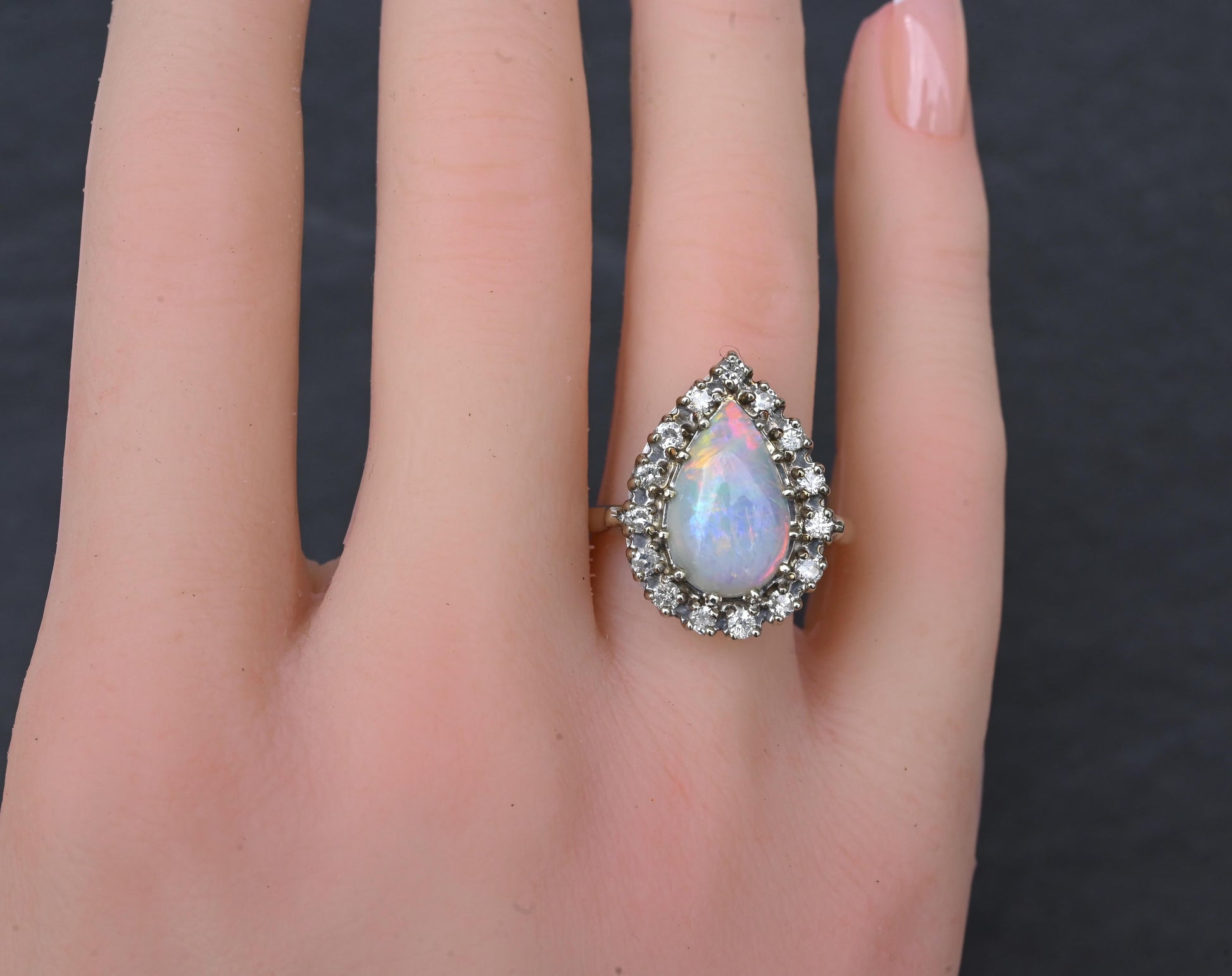 Vintage 14k White Gold Pear Opal & Diamond Halo Cocktail Ring Size 9