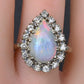 Vintage 14k White Gold Pear Opal & Diamond Halo Cocktail Ring Size 9