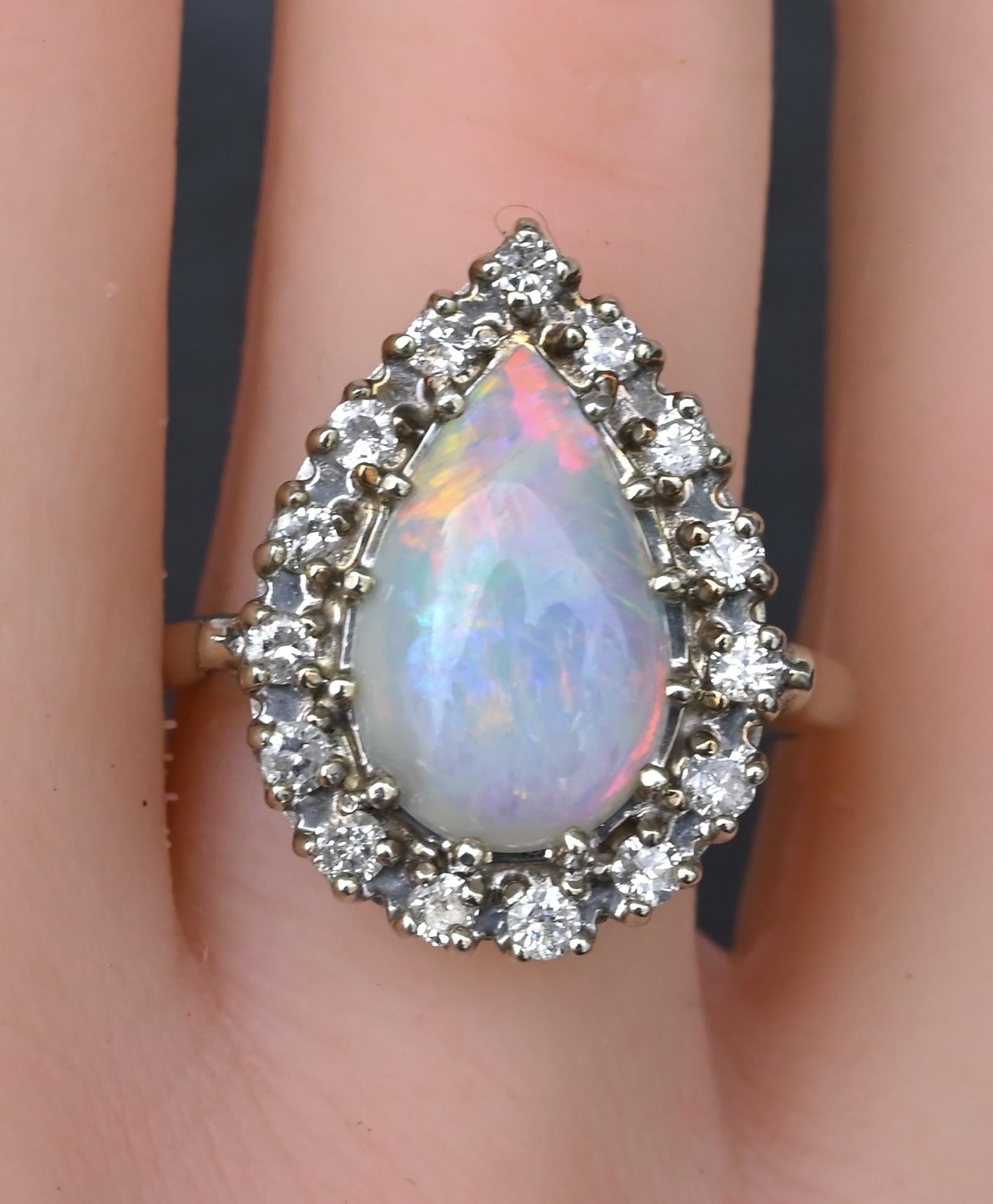 Vintage 14k White Gold Pear Opal & Diamond Halo Cocktail Ring Size 9