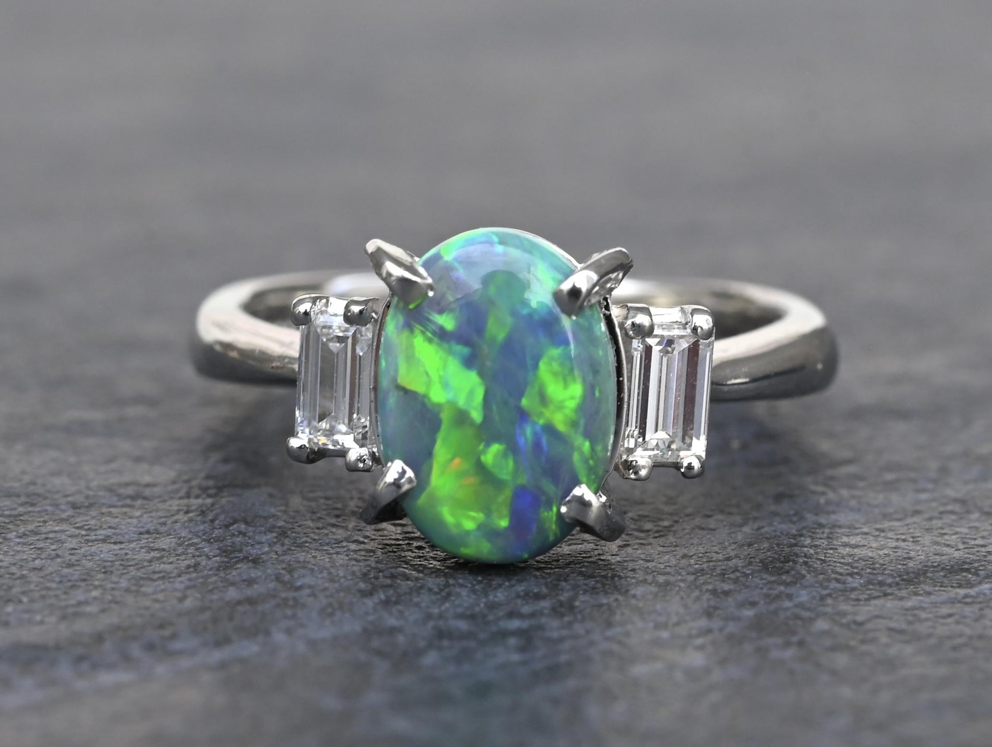 Custom Platinum 1.20ct Black Opal & Baguette Diamond Three-Stone Ring