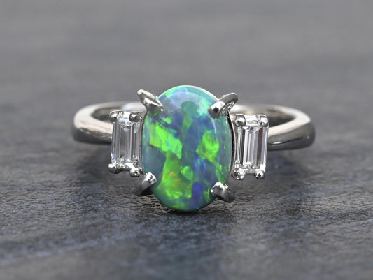 Custom Platinum 1.20ct Black Opal & Baguette Diamond Three-Stone Ring