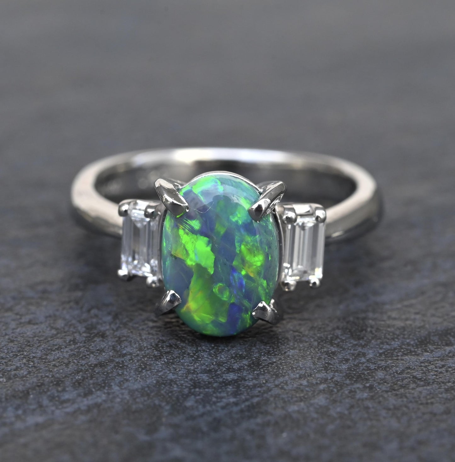 Custom Platinum 1.20ct Black Opal & Baguette Diamond Three-Stone Ring