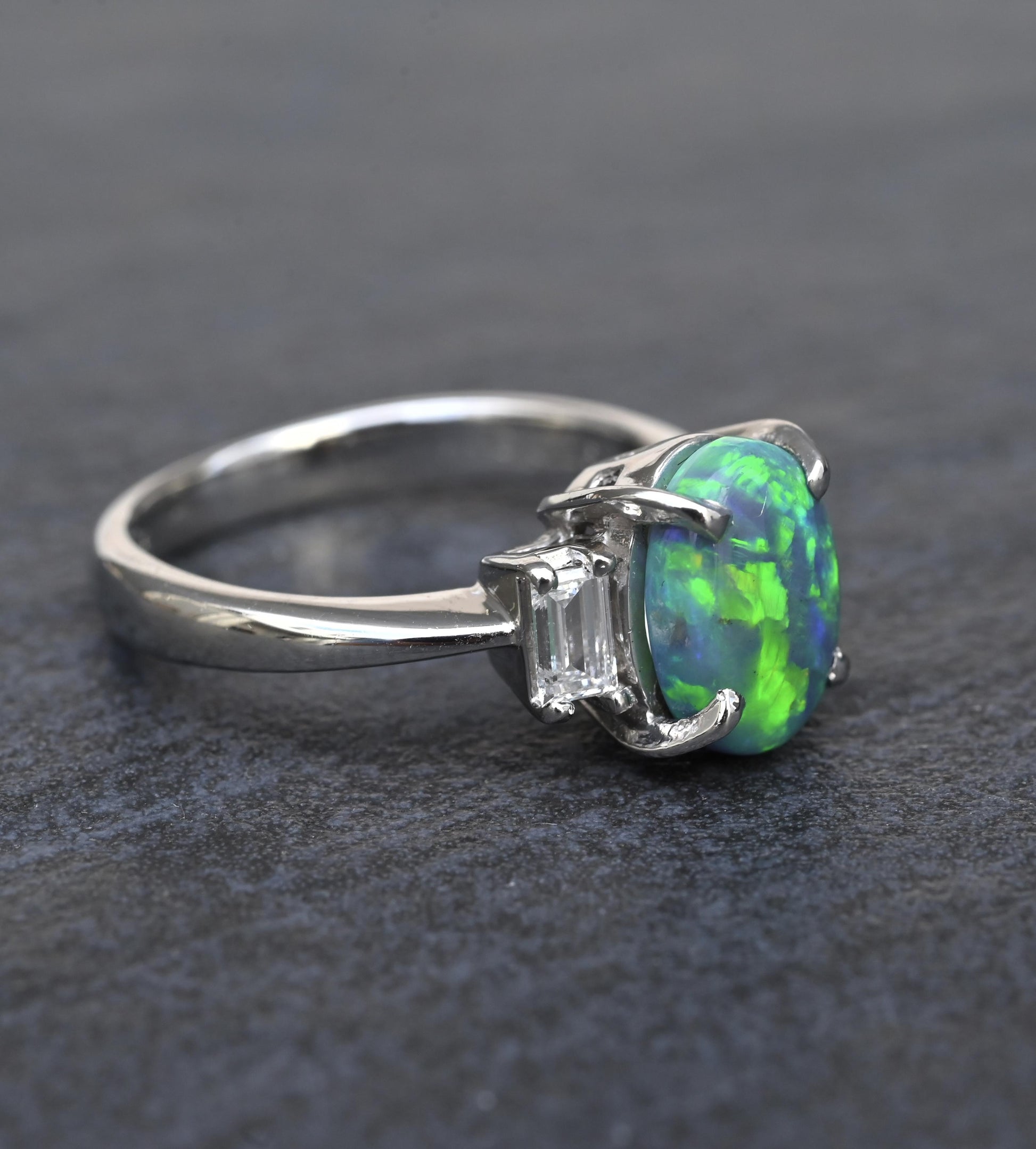 Custom Platinum 1.20ct Black Opal & Baguette Diamond Three-Stone Ring