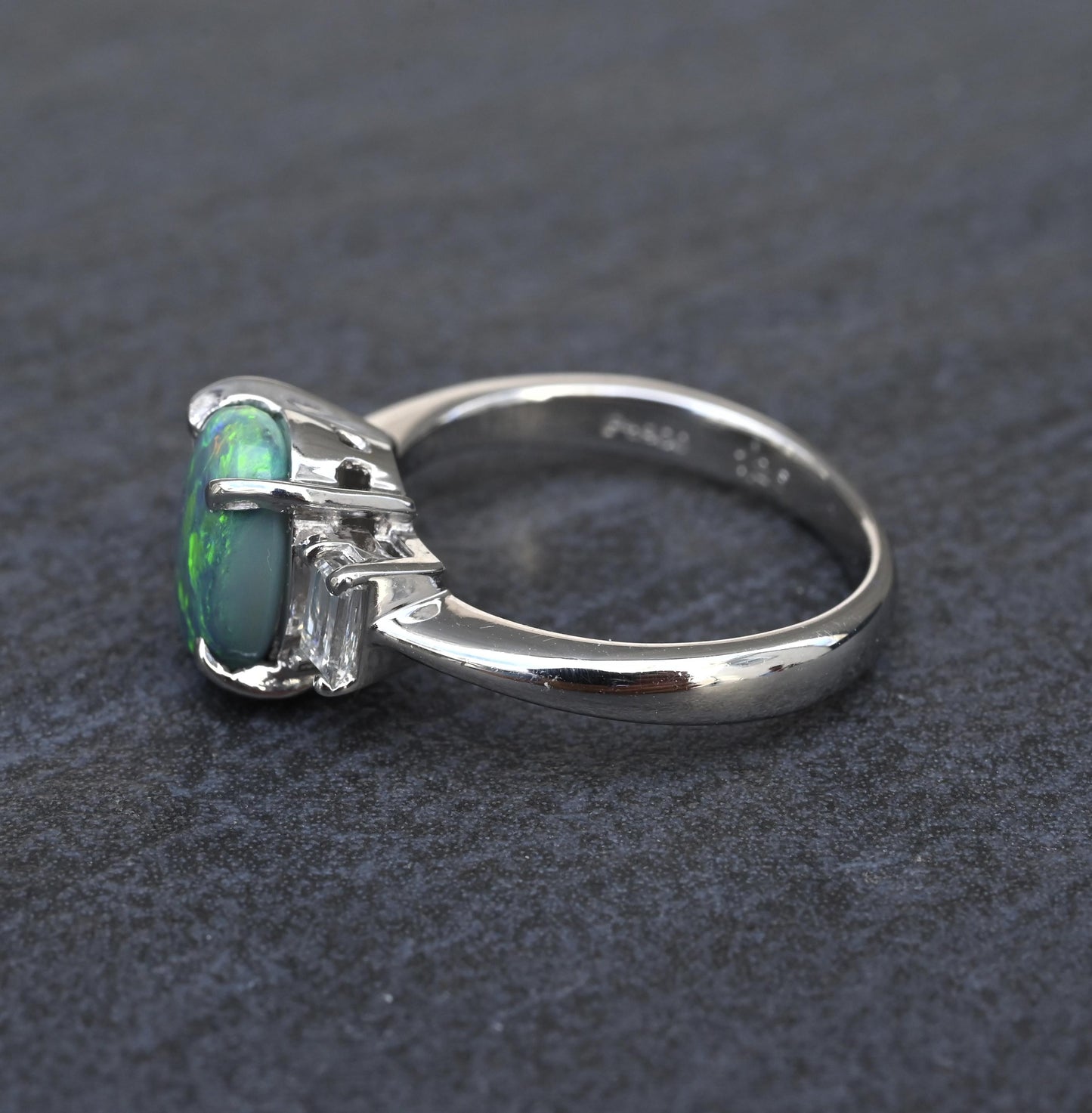 Custom Platinum 1.20ct Black Opal & Baguette Diamond Three-Stone Ring