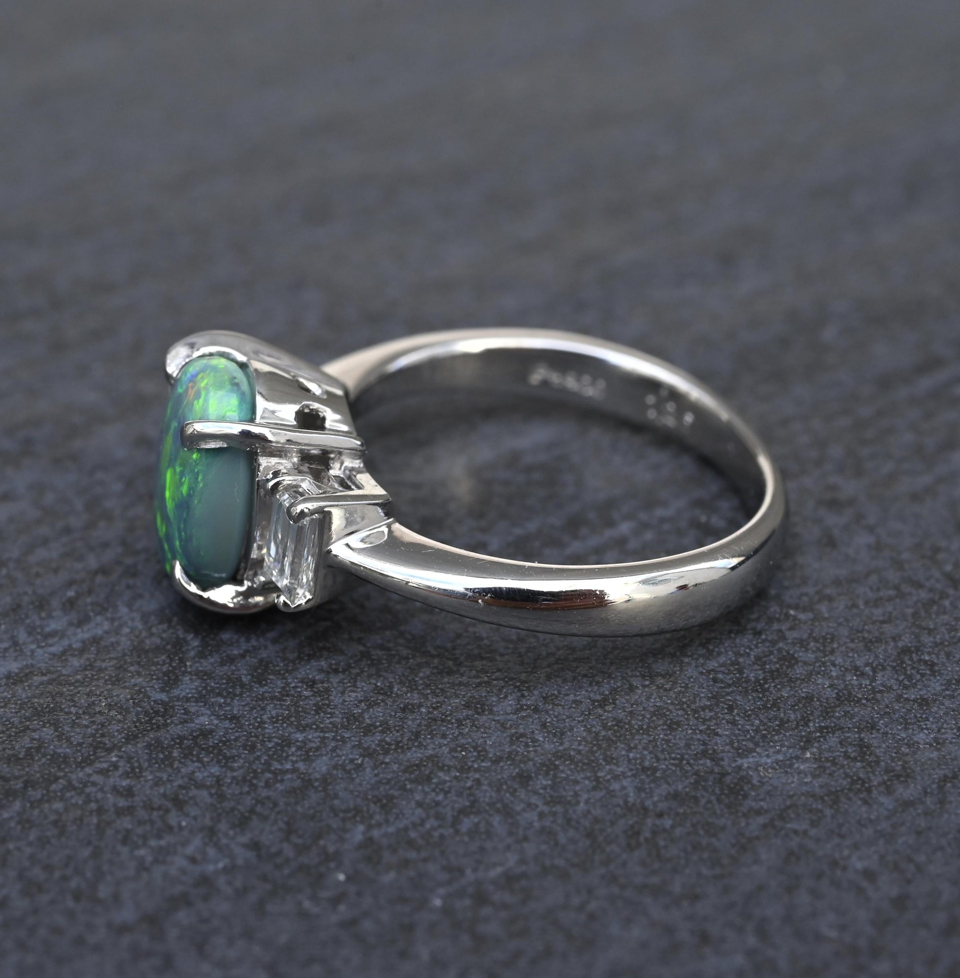 Custom Platinum 1.20ct Black Opal & Baguette Diamond Three-Stone Ring