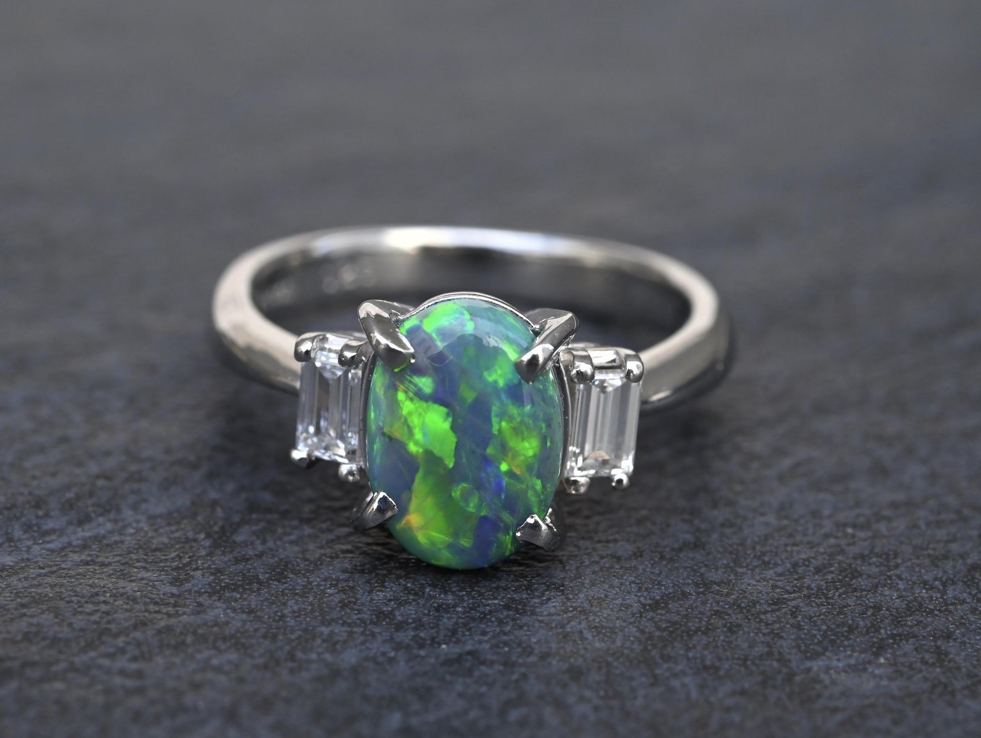 Custom Platinum 1.20ct Black Opal & Baguette Diamond Three-Stone Ring