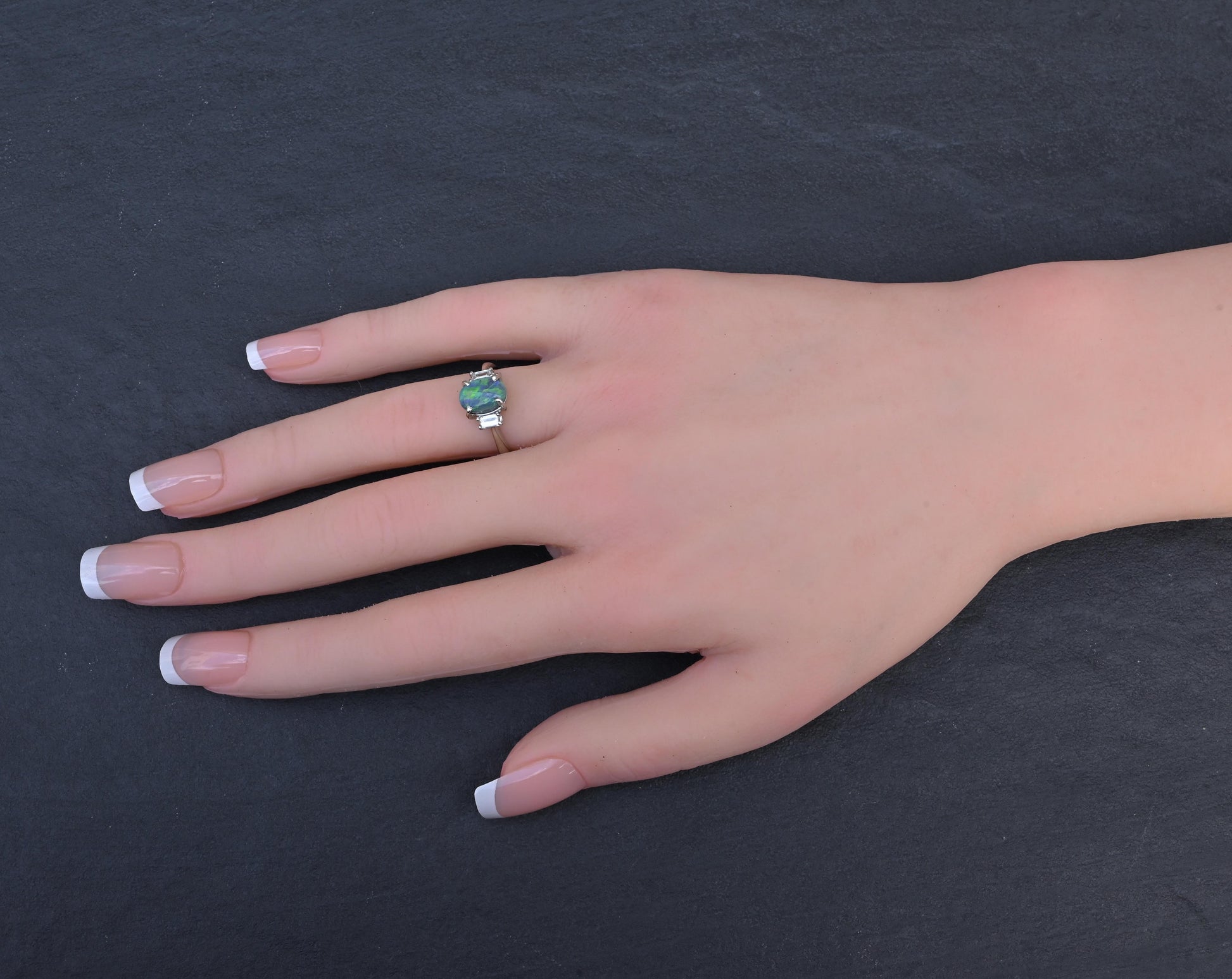 Custom Platinum 1.20ct Black Opal & Baguette Diamond Three-Stone Ring