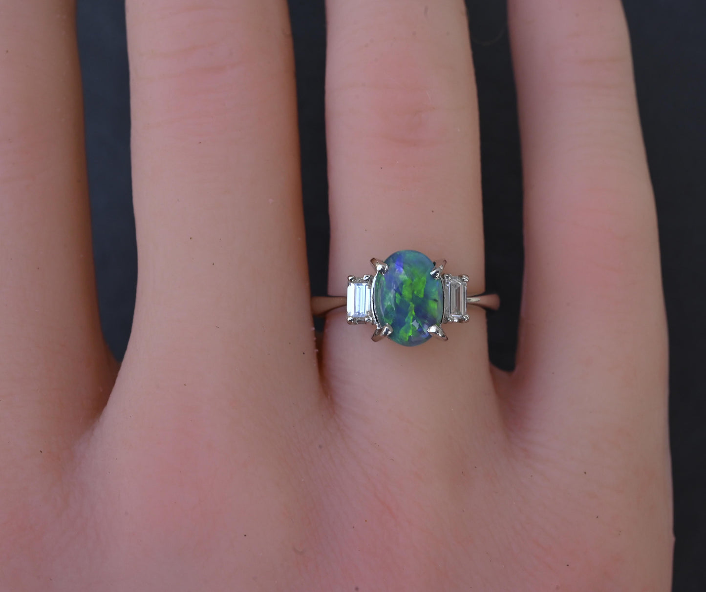 Custom Platinum 1.20ct Black Opal & Baguette Diamond Three-Stone Ring