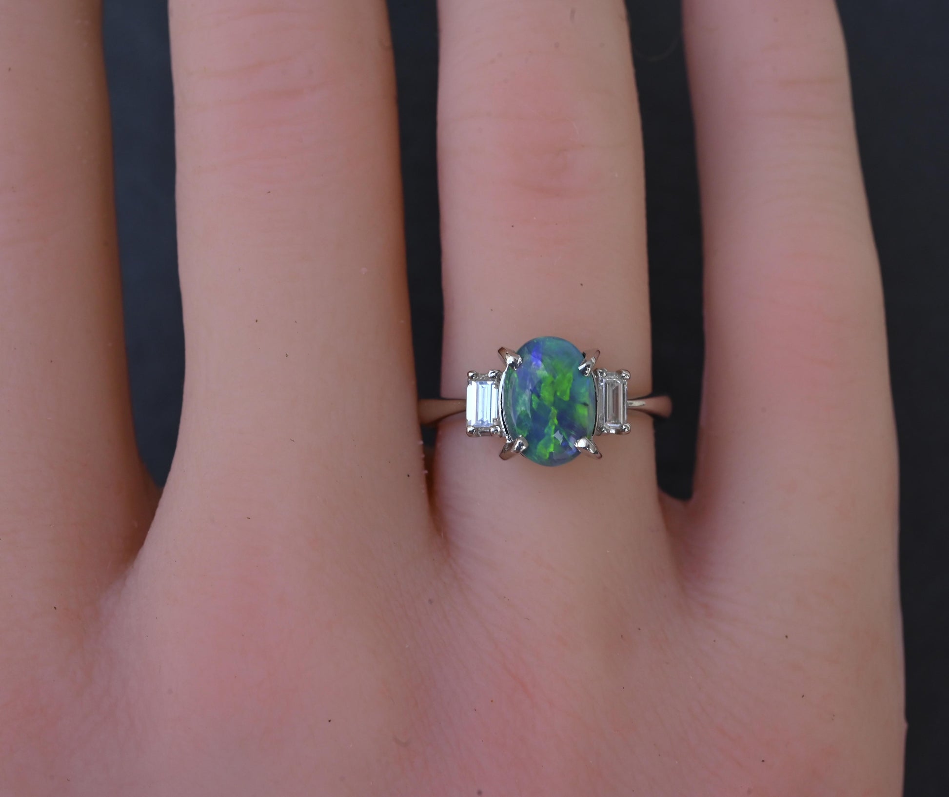 Custom Platinum 1.20ct Black Opal & Baguette Diamond Three-Stone Ring