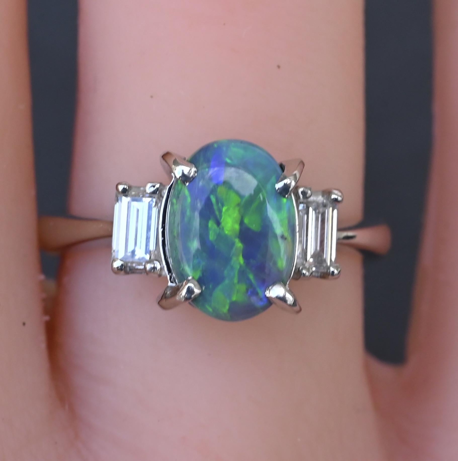 Custom Platinum 1.20ct Black Opal & Baguette Diamond Three-Stone Ring