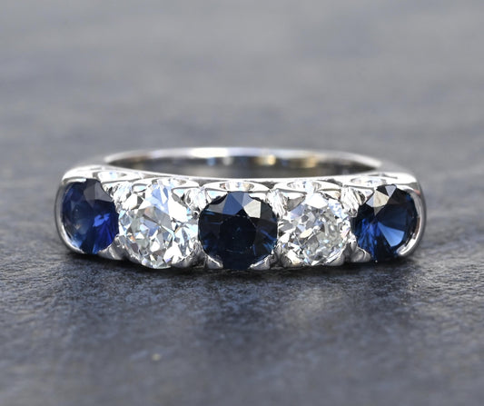 Antique Art Deco 2.31ctw Diamond & Sapphire 14k White Gold Wedding Band