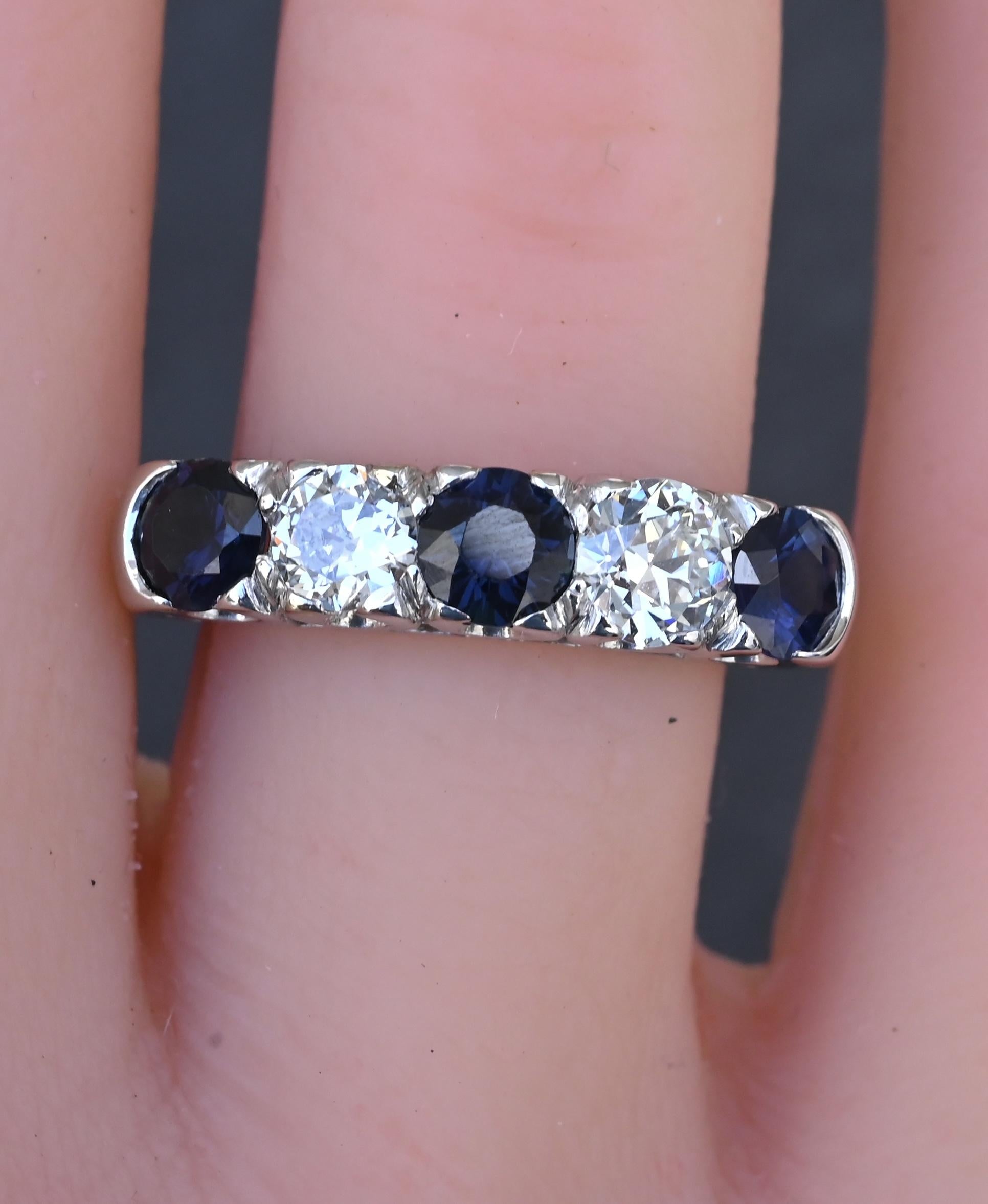 Antique Art Deco 2.31ctw Diamond & Sapphire 14k White Gold Wedding Band