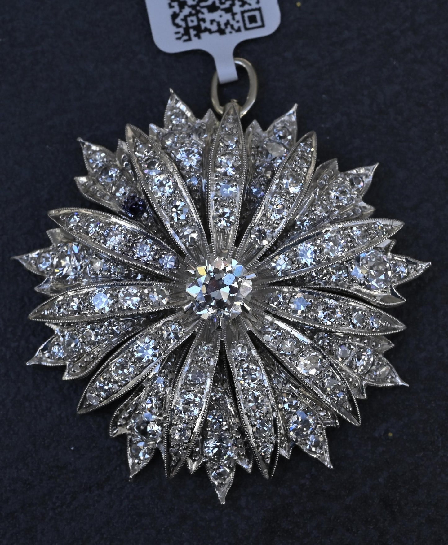 IGI Certified 3.22ctw Natural Diamond Platinum Art Deco Sunburst Pendant Brooch