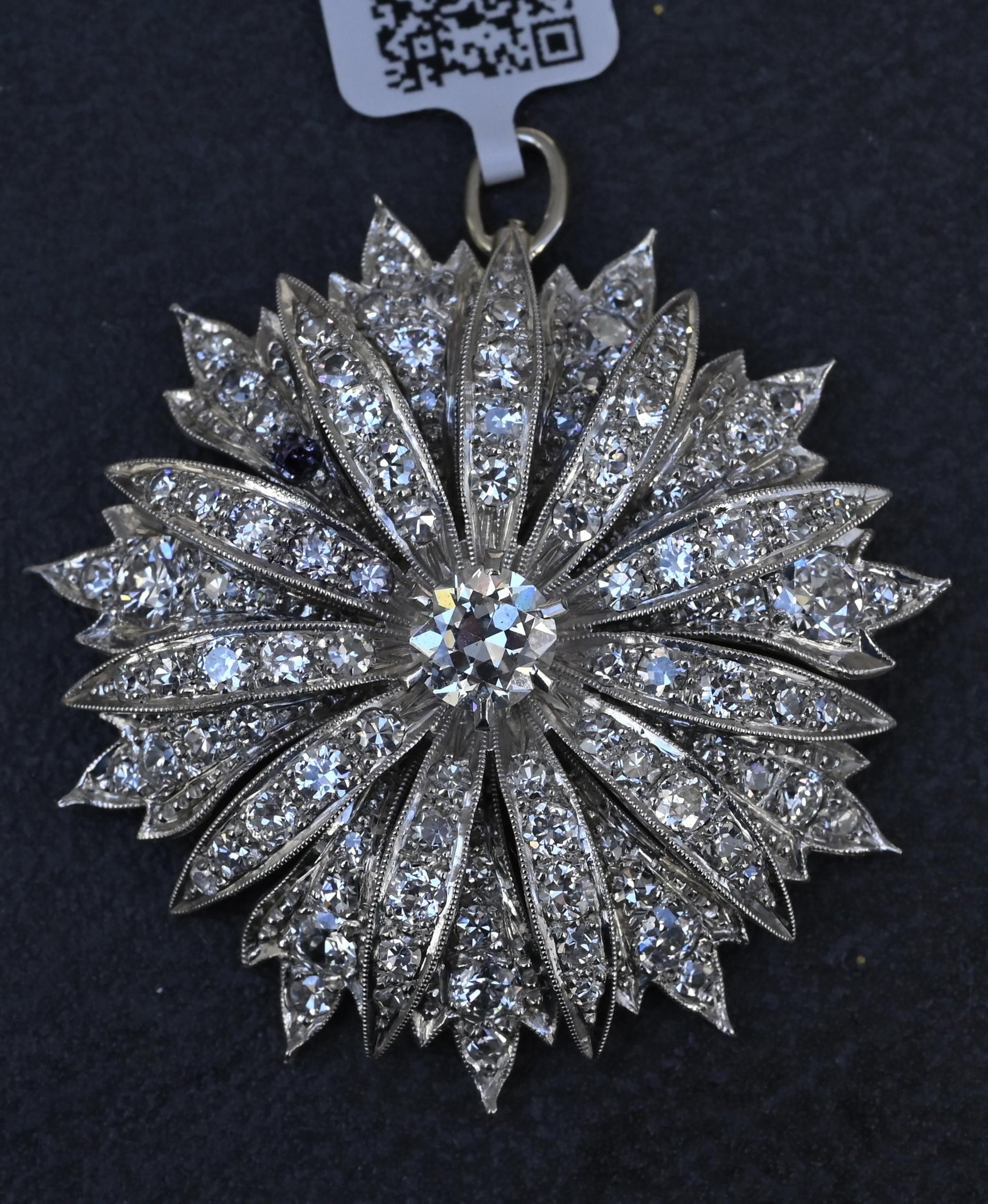 IGI Certified 3.22ctw Natural Diamond Platinum Art Deco Sunburst Pendant Brooch