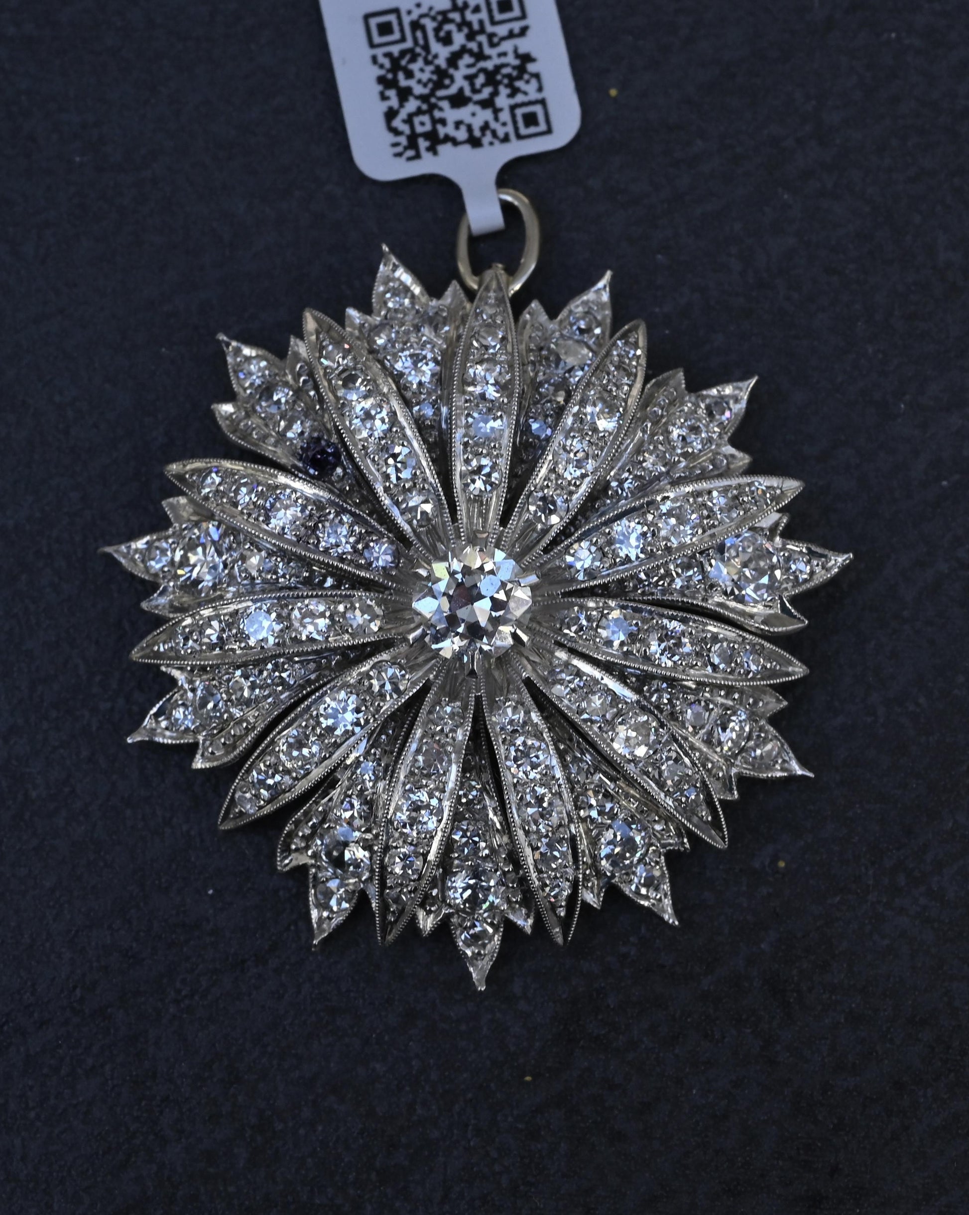 IGI Certified 3.22ctw Natural Diamond Platinum Art Deco Sunburst Pendant Brooch