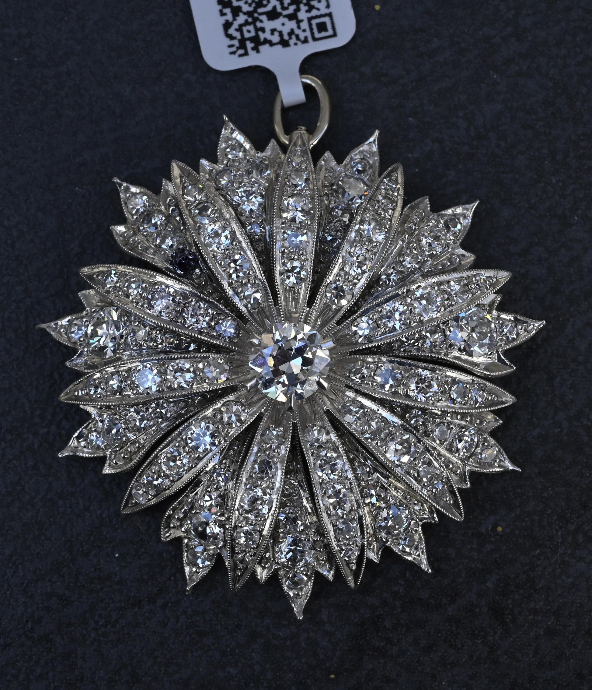 IGI Certified 3.22ctw Natural Diamond Platinum Art Deco Sunburst Pendant Brooch