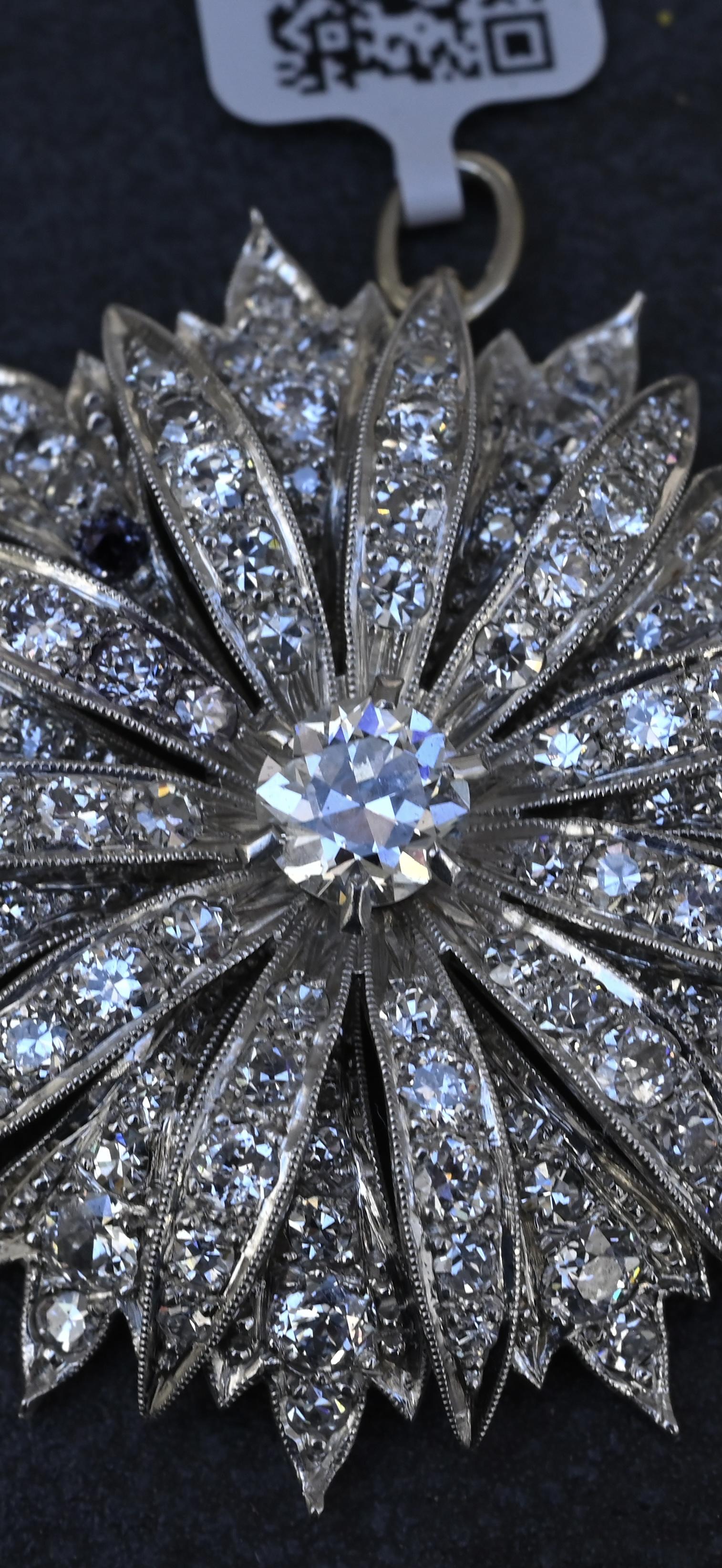 IGI Certified 3.22ctw Natural Diamond Platinum Art Deco Sunburst Pendant Brooch