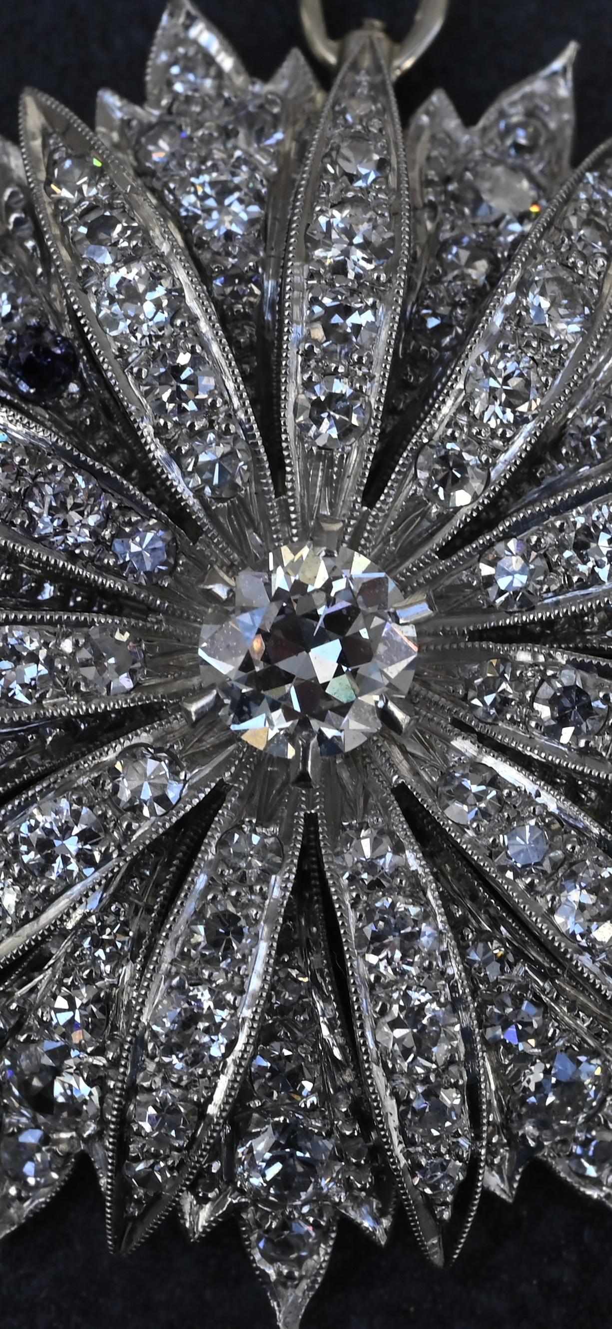 IGI Certified 3.22ctw Natural Diamond Platinum Art Deco Sunburst Pendant Brooch