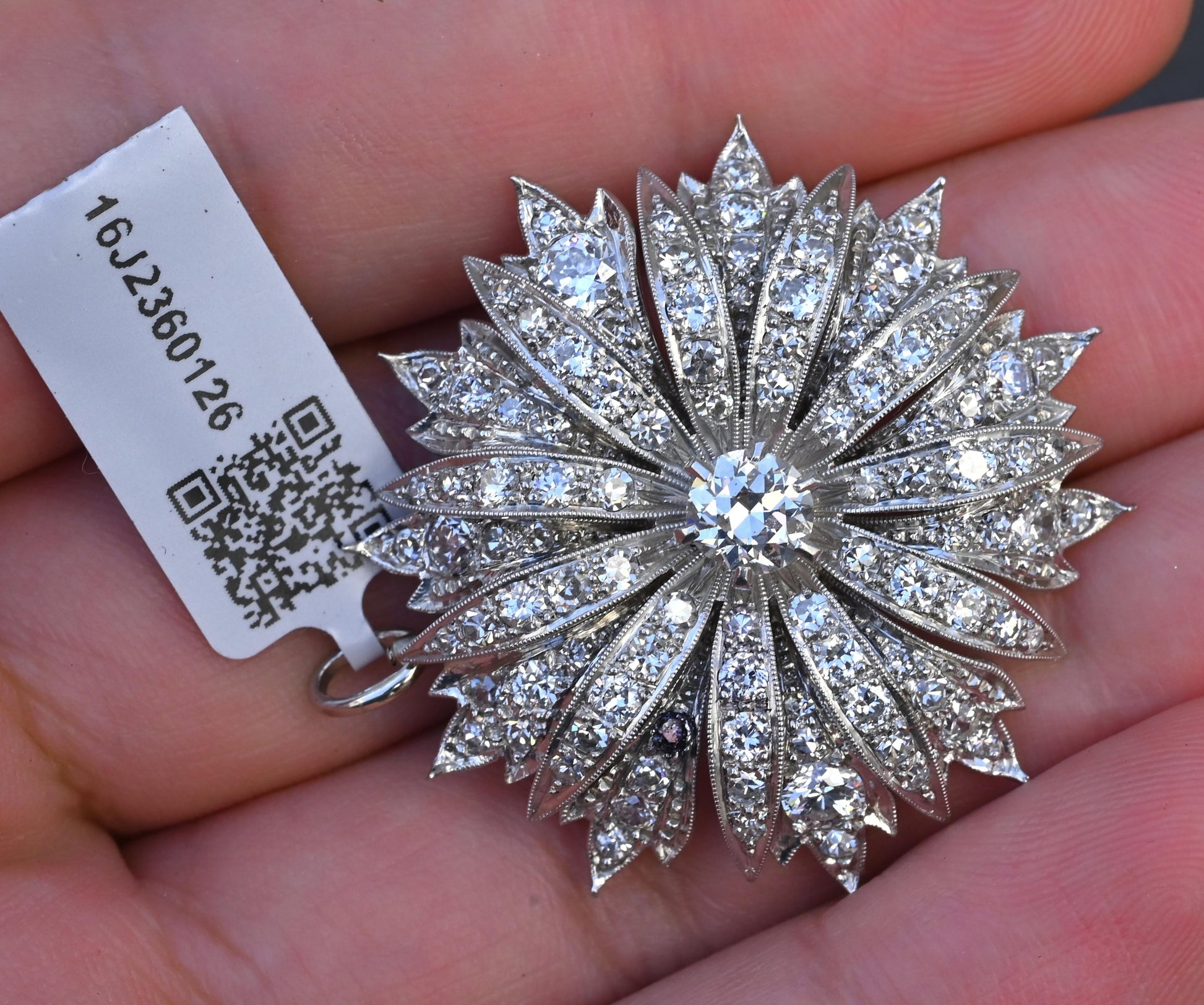 IGI Certified 3.22ctw Natural Diamond Platinum Art Deco Sunburst Pendant Brooch