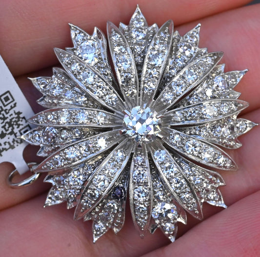 IGI Certified 3.22ctw Natural Diamond Platinum Art Deco Sunburst Pendant Brooch
