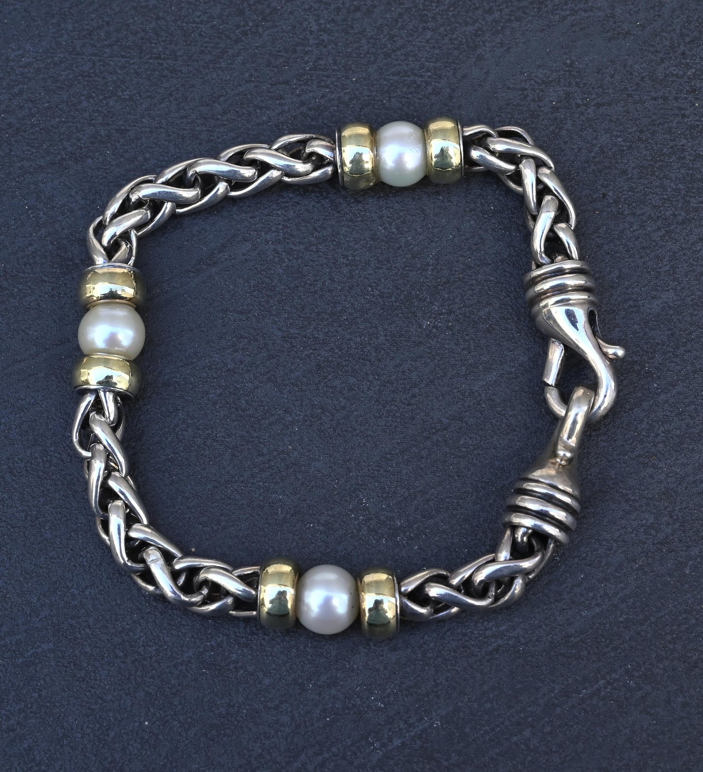 David Yurman 14k Gold & Sterling Silver Wheat Chain Pearl Bracelet 7.75"