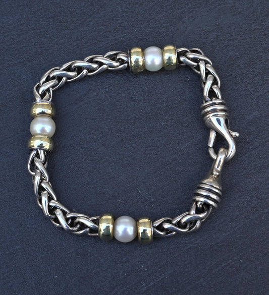 David Yurman 14k Gold & Sterling Silver Wheat Chain Pearl Bracelet 7.75"