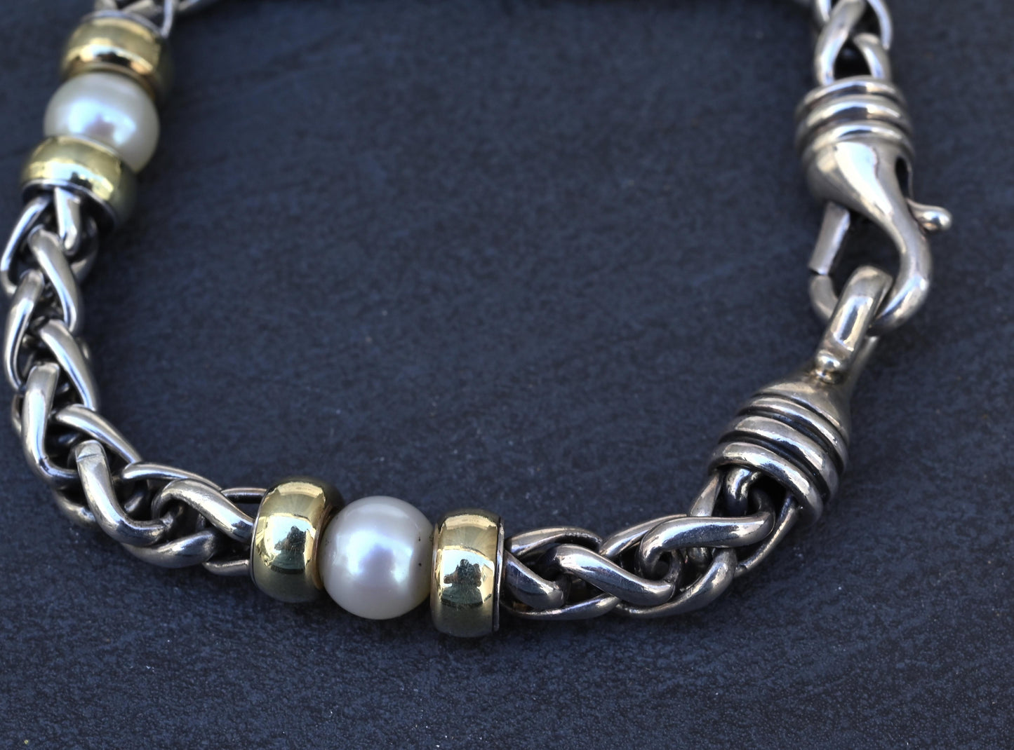 David Yurman 14k Gold & Sterling Silver Wheat Chain Pearl Bracelet 7.75"