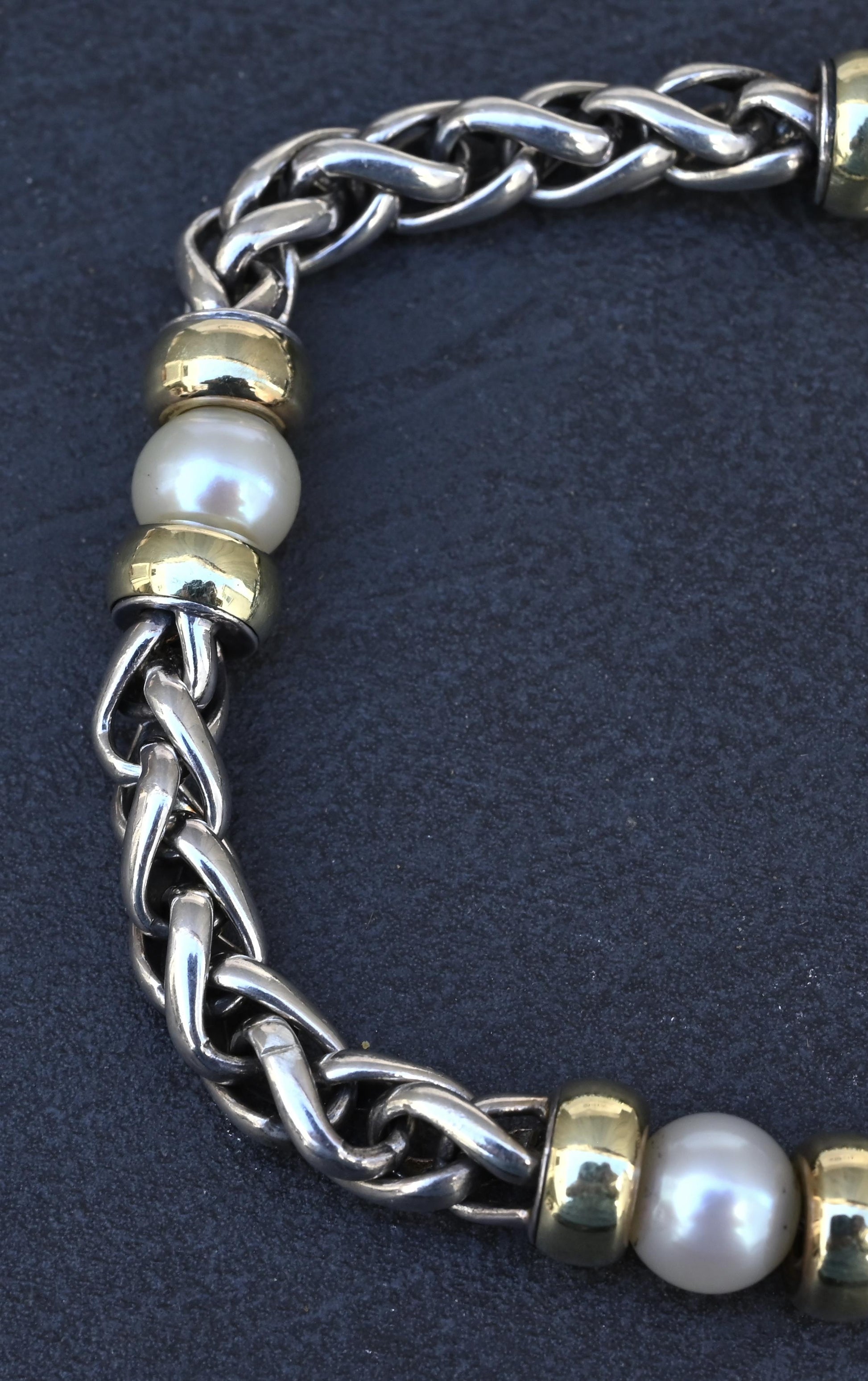 David Yurman 14k Gold & Sterling Silver Wheat Chain Pearl Bracelet 7.75"