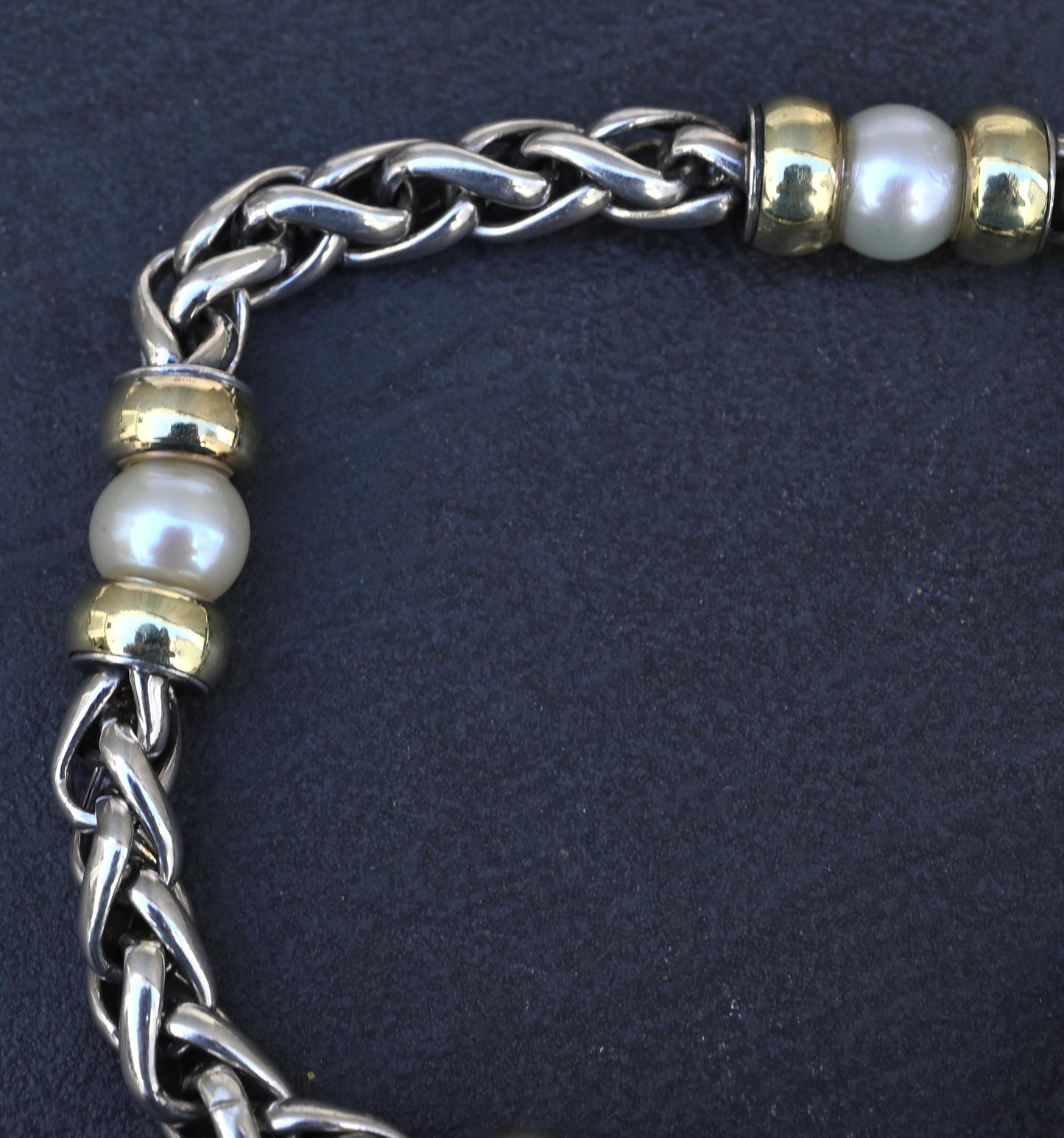 David Yurman 14k Gold & Sterling Silver Wheat Chain Pearl Bracelet 7.75"