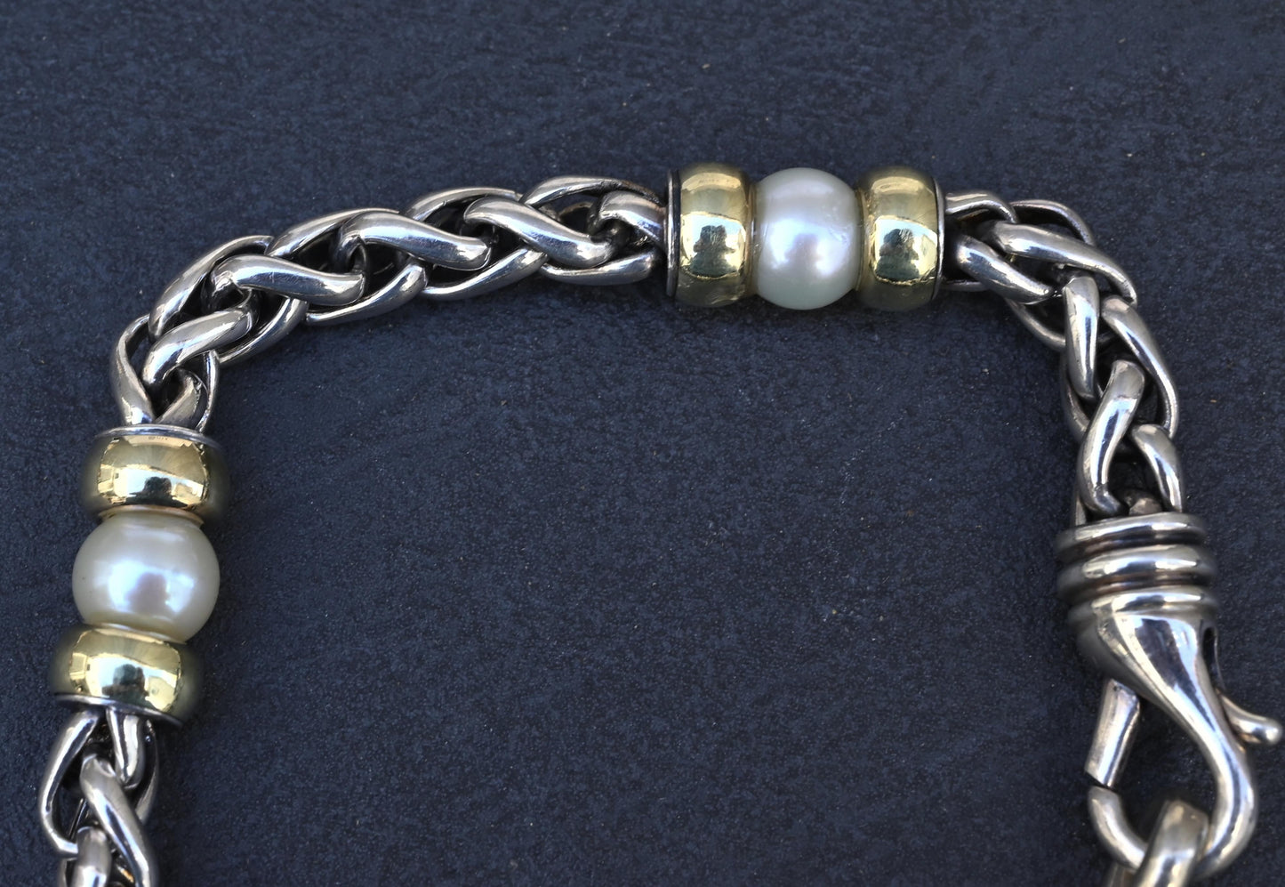 David Yurman 14k Gold & Sterling Silver Wheat Chain Pearl Bracelet 7.75"