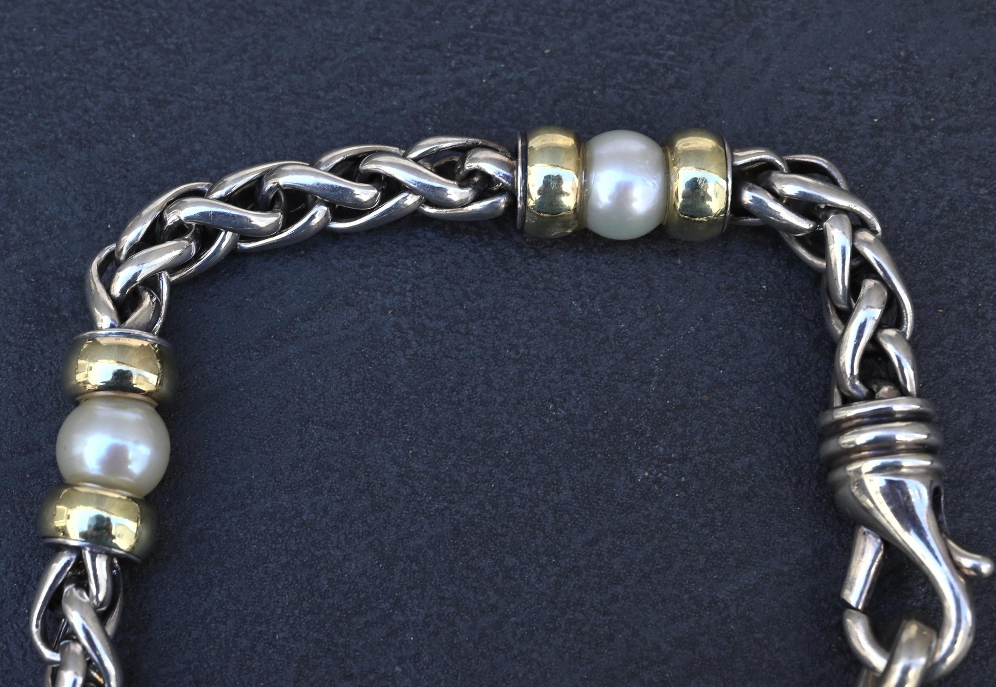 David Yurman 14k Gold & Sterling Silver Wheat Chain Pearl Bracelet 7.75"