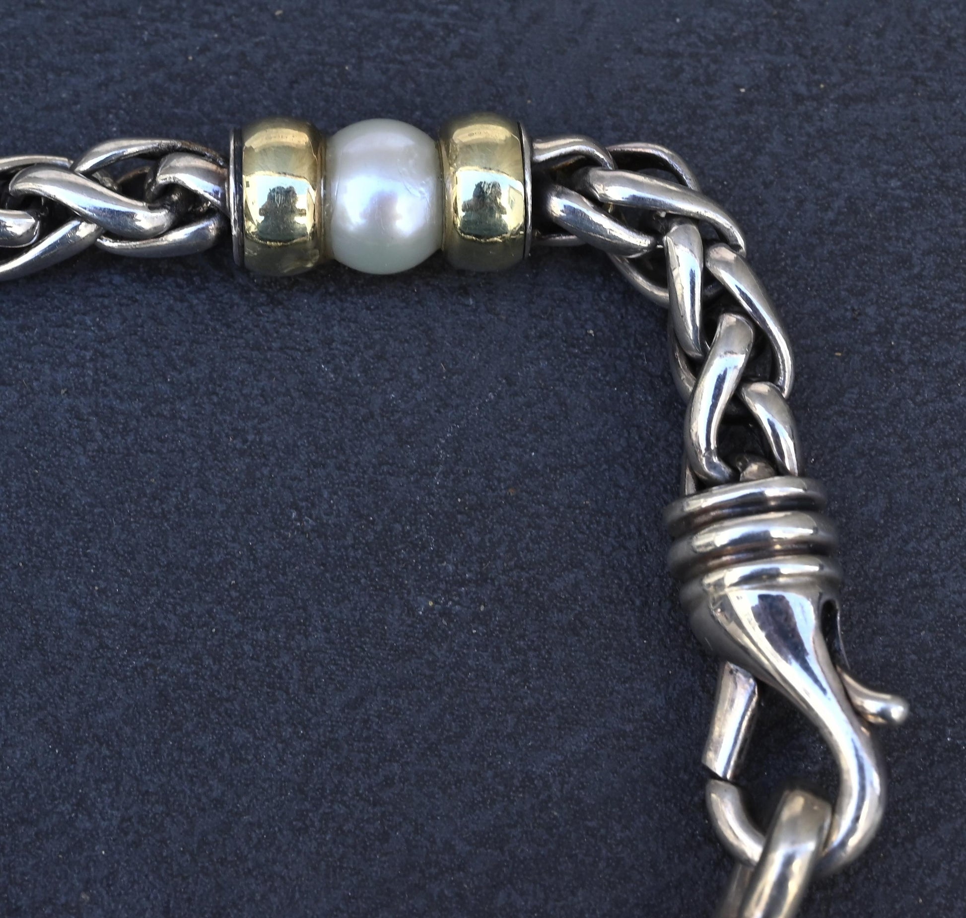 David Yurman 14k Gold & Sterling Silver Wheat Chain Pearl Bracelet 7.75"