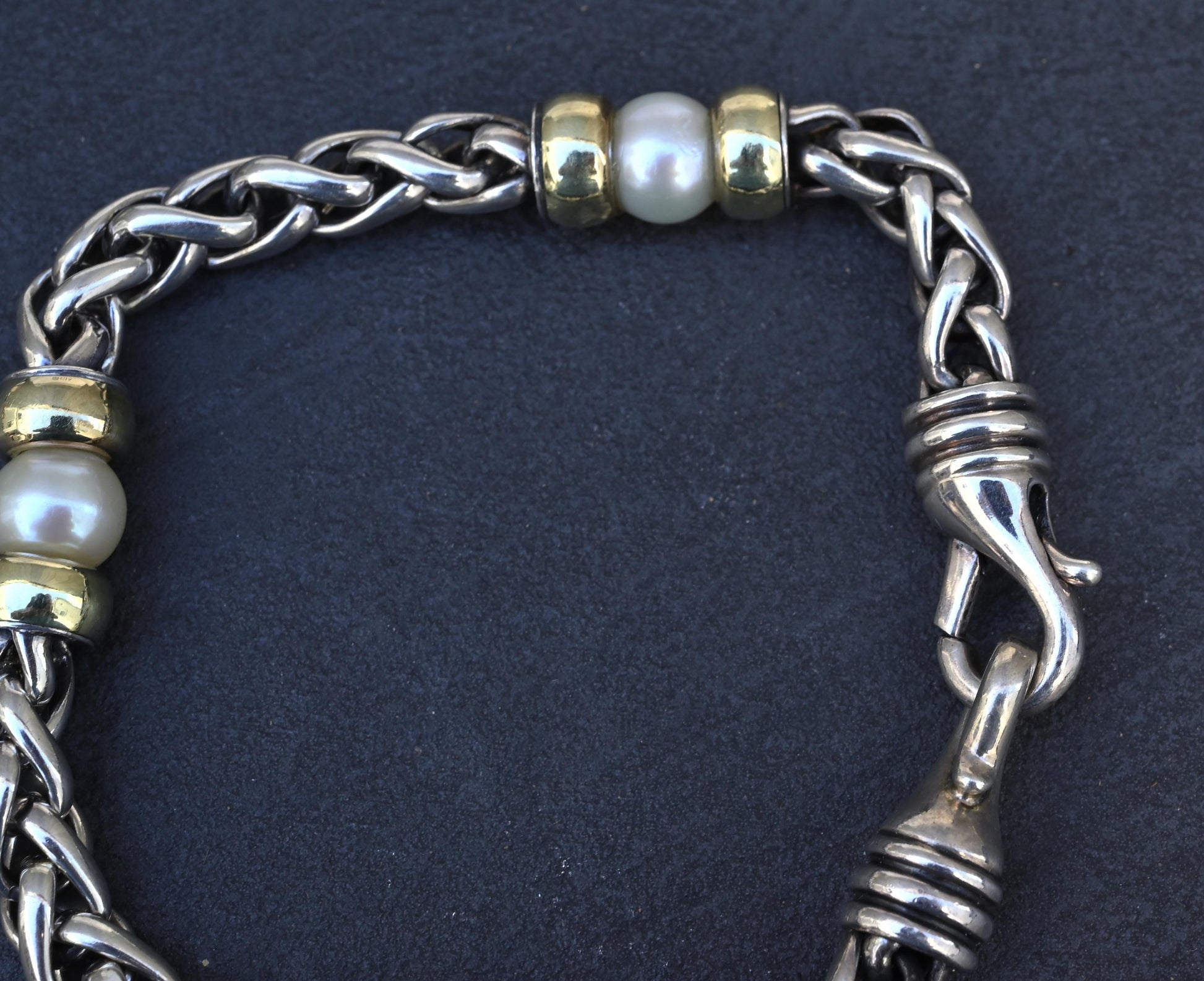 David Yurman 14k Gold & Sterling Silver Wheat Chain Pearl Bracelet 7.75"