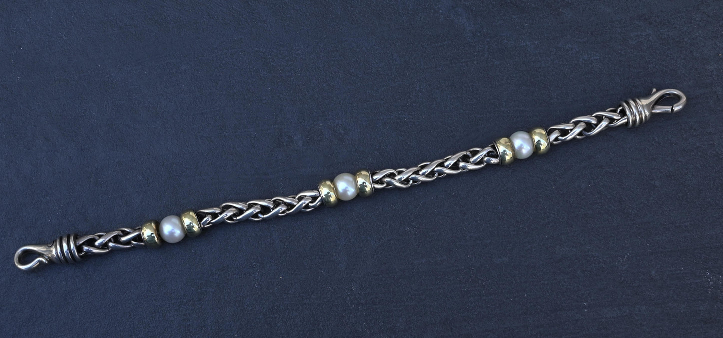 David Yurman 14k Gold & Sterling Silver Wheat Chain Pearl Bracelet 7.75"