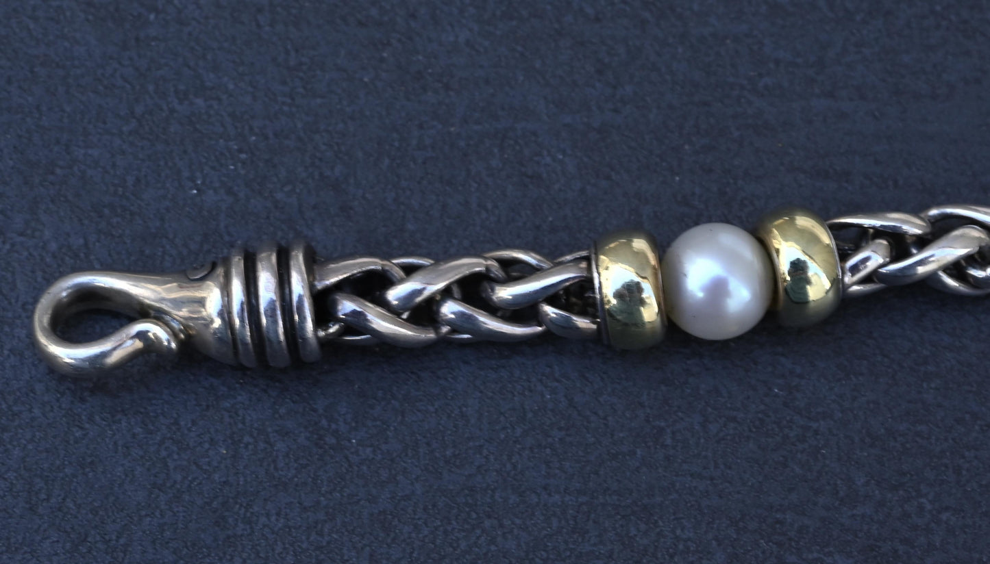 David Yurman 14k Gold & Sterling Silver Wheat Chain Pearl Bracelet 7.75"