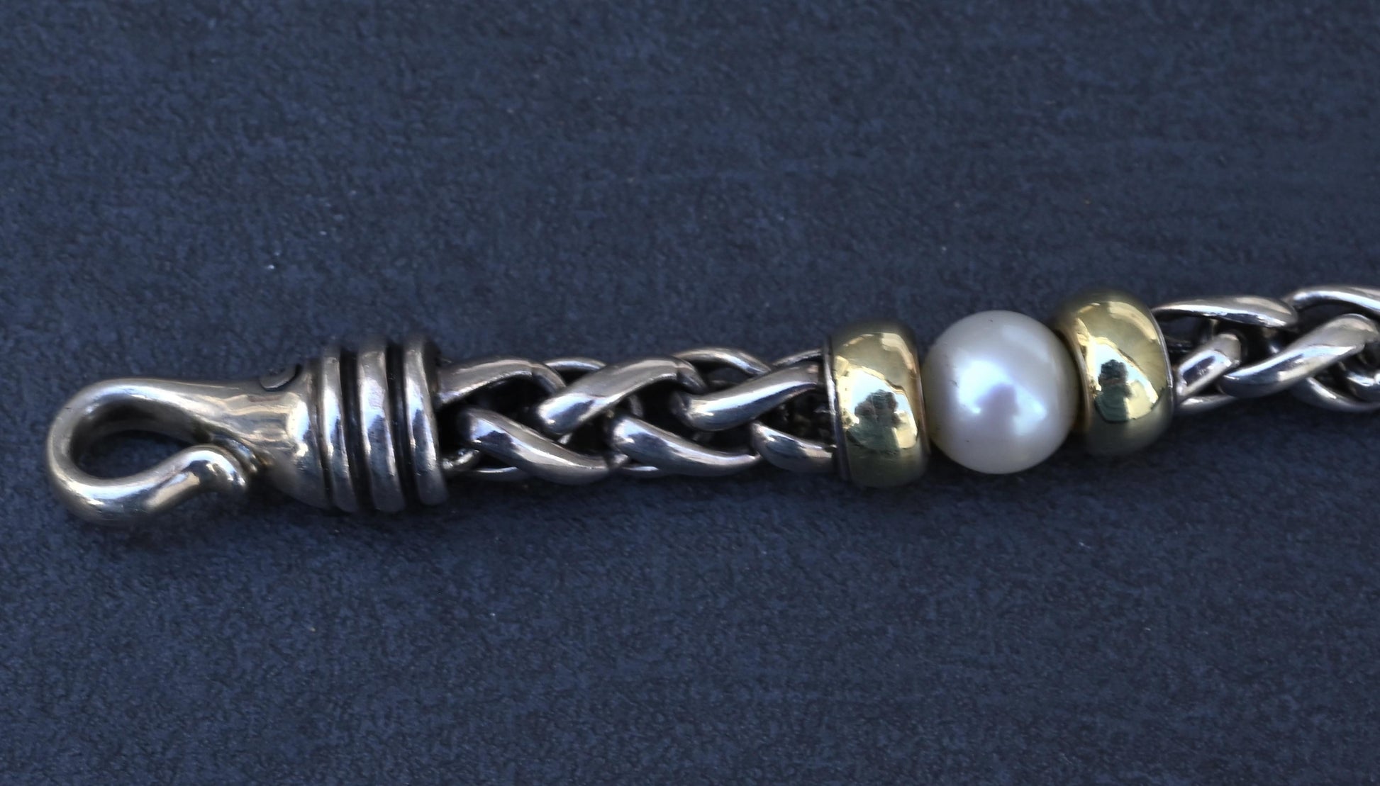 David Yurman 14k Gold & Sterling Silver Wheat Chain Pearl Bracelet 7.75"