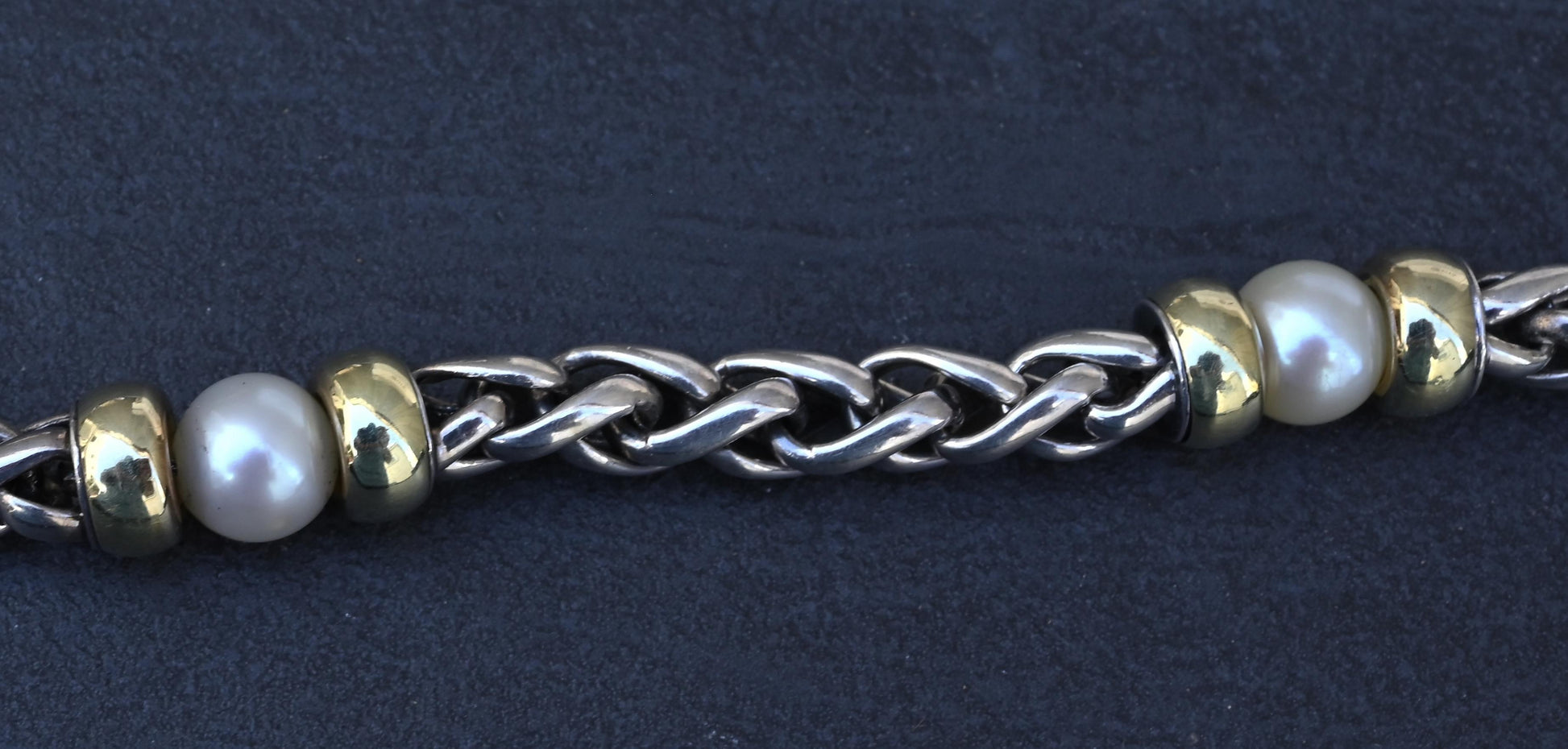 David Yurman 14k Gold & Sterling Silver Wheat Chain Pearl Bracelet 7.75"