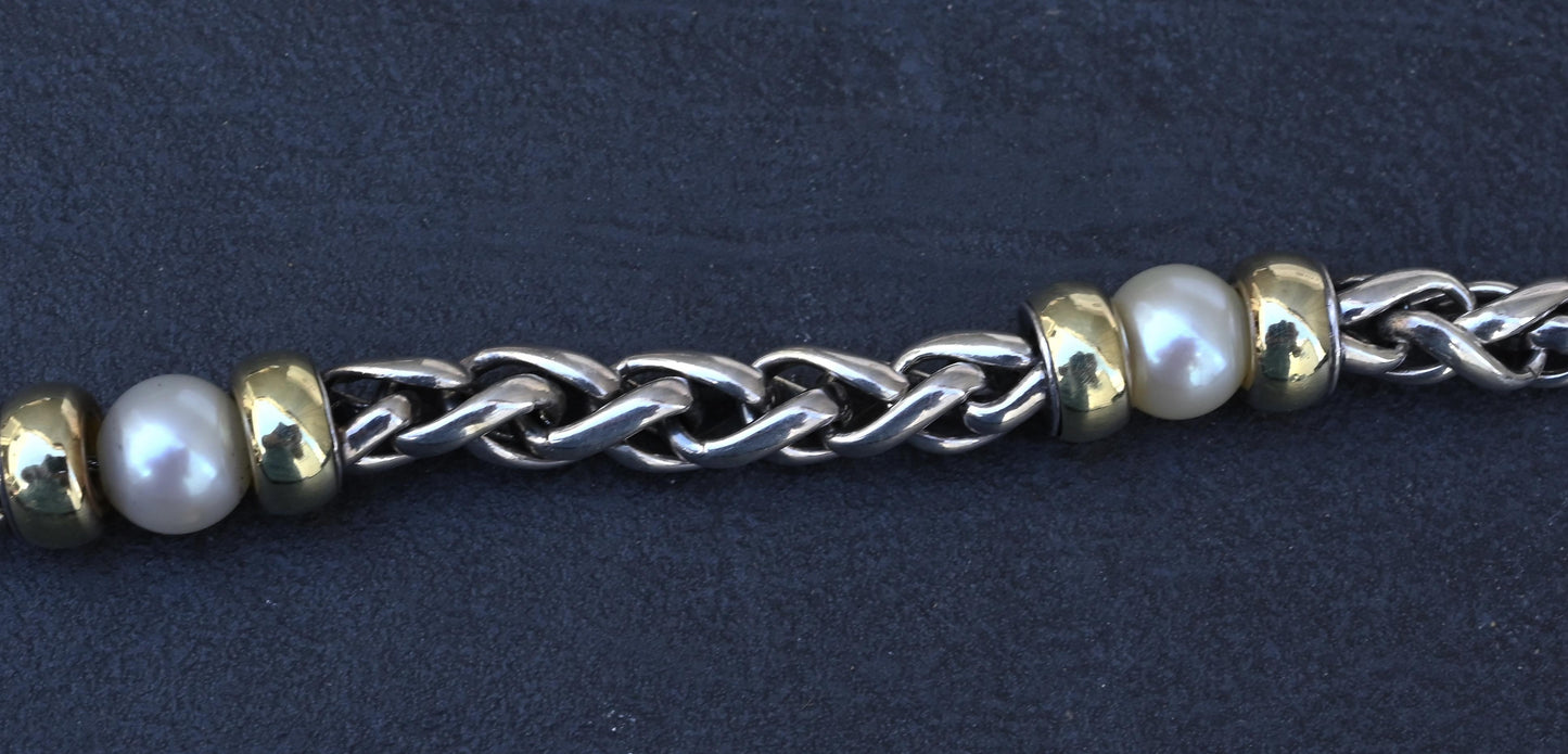 David Yurman 14k Gold & Sterling Silver Wheat Chain Pearl Bracelet 7.75"