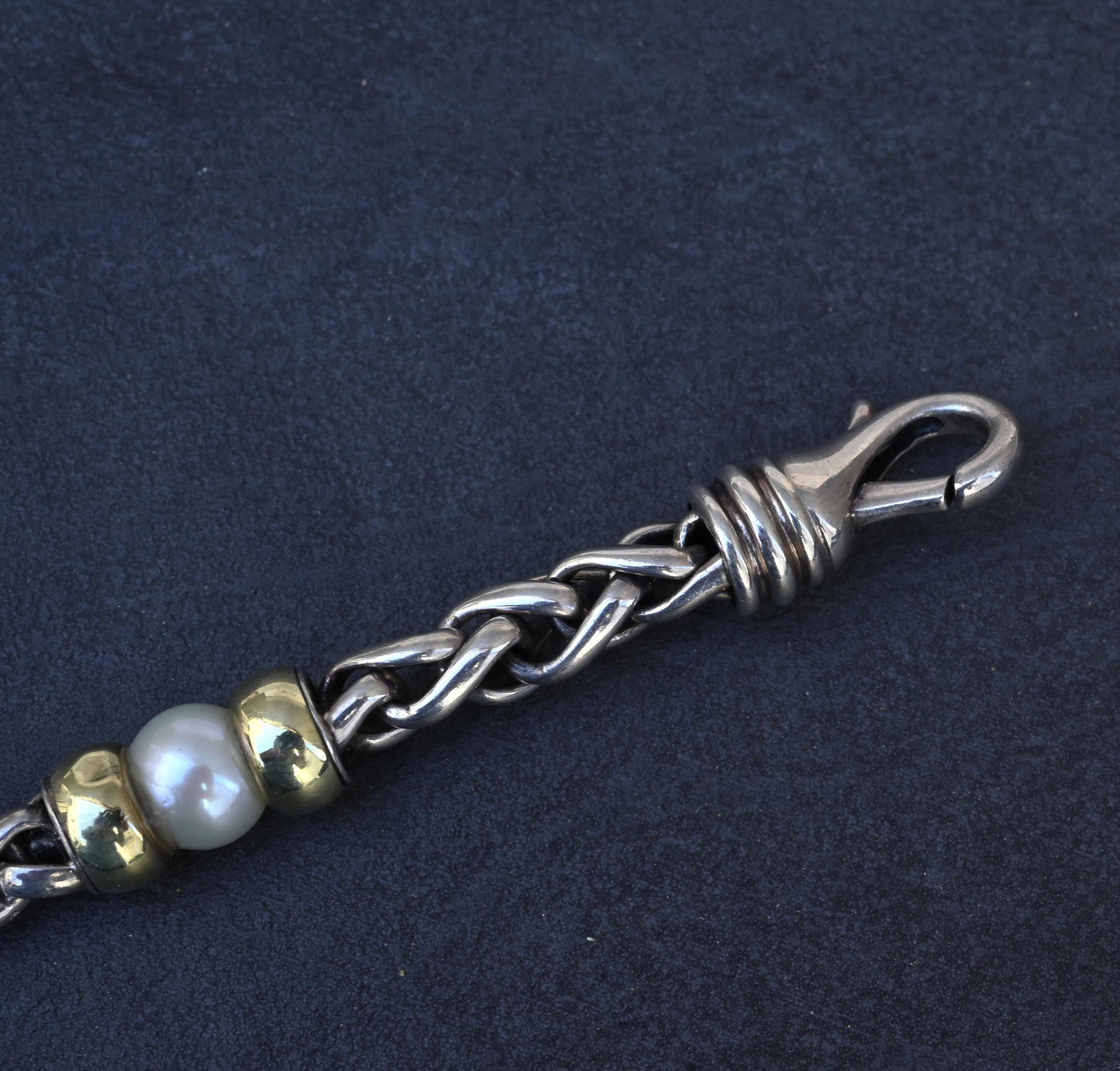 David Yurman 14k Gold & Sterling Silver Wheat Chain Pearl Bracelet 7.75"