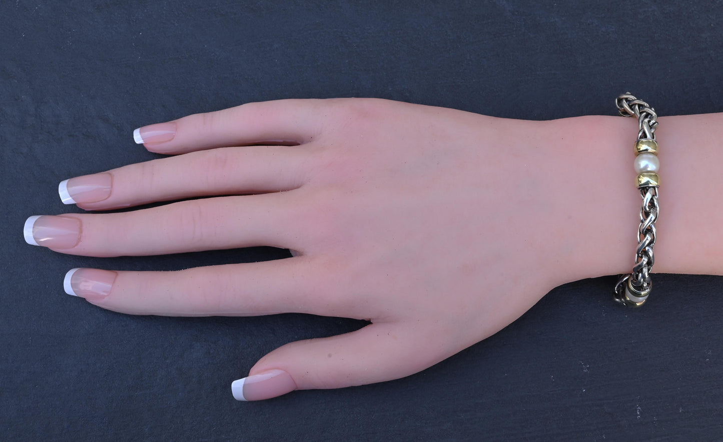 David Yurman 14k Gold & Sterling Silver Wheat Chain Pearl Bracelet 7.75"