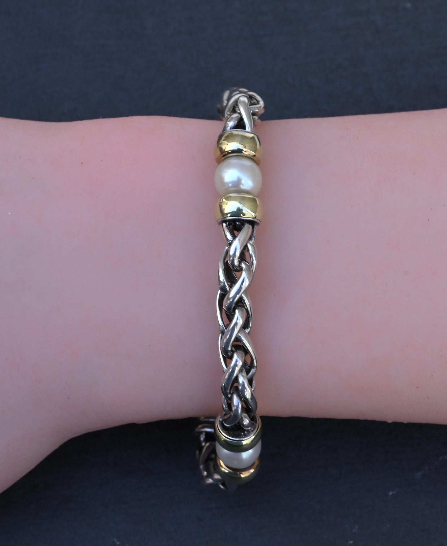 David Yurman 14k Gold & Sterling Silver Wheat Chain Pearl Bracelet 7.75"