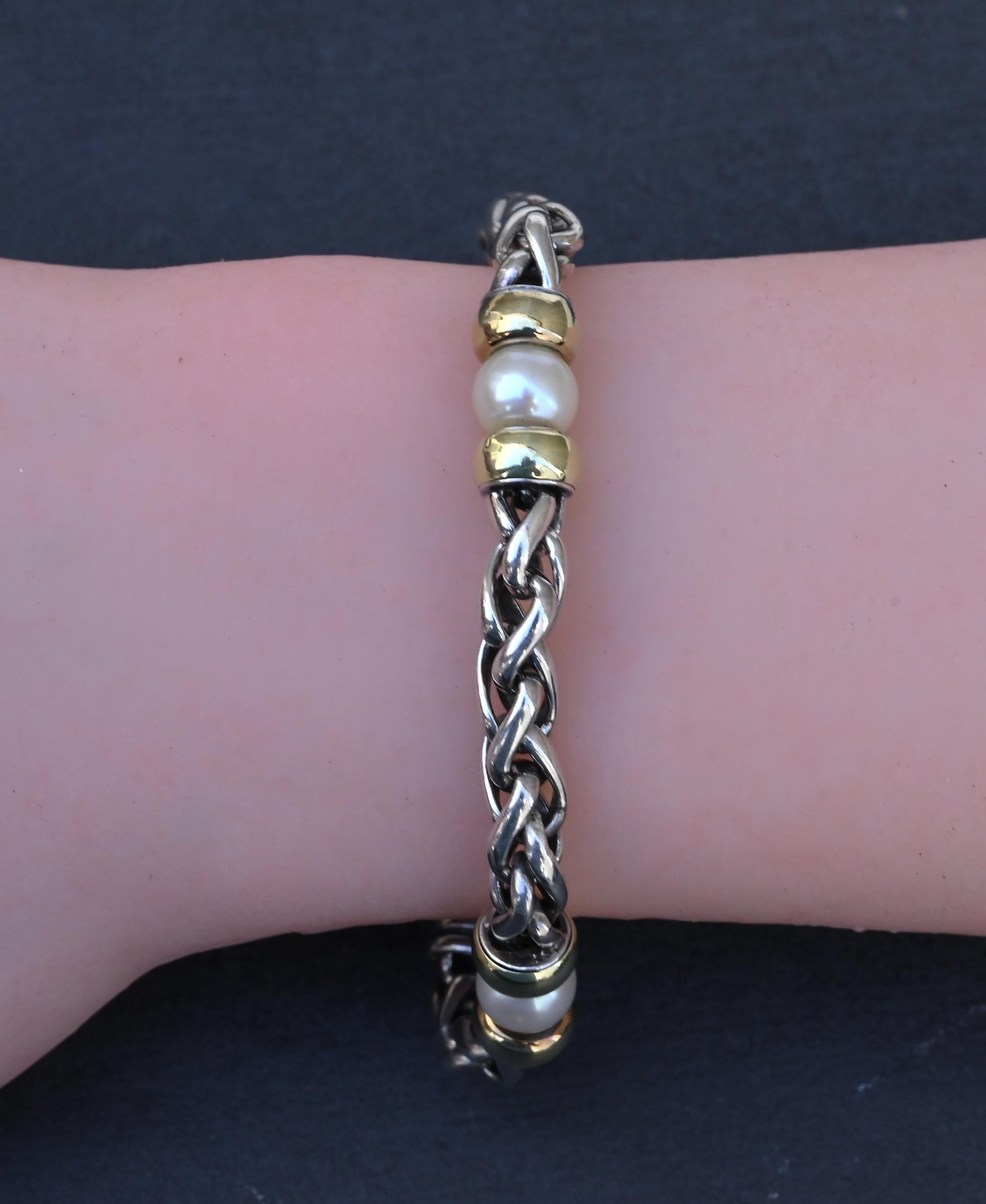 David Yurman 14k Gold & Sterling Silver Wheat Chain Pearl Bracelet 7.75"