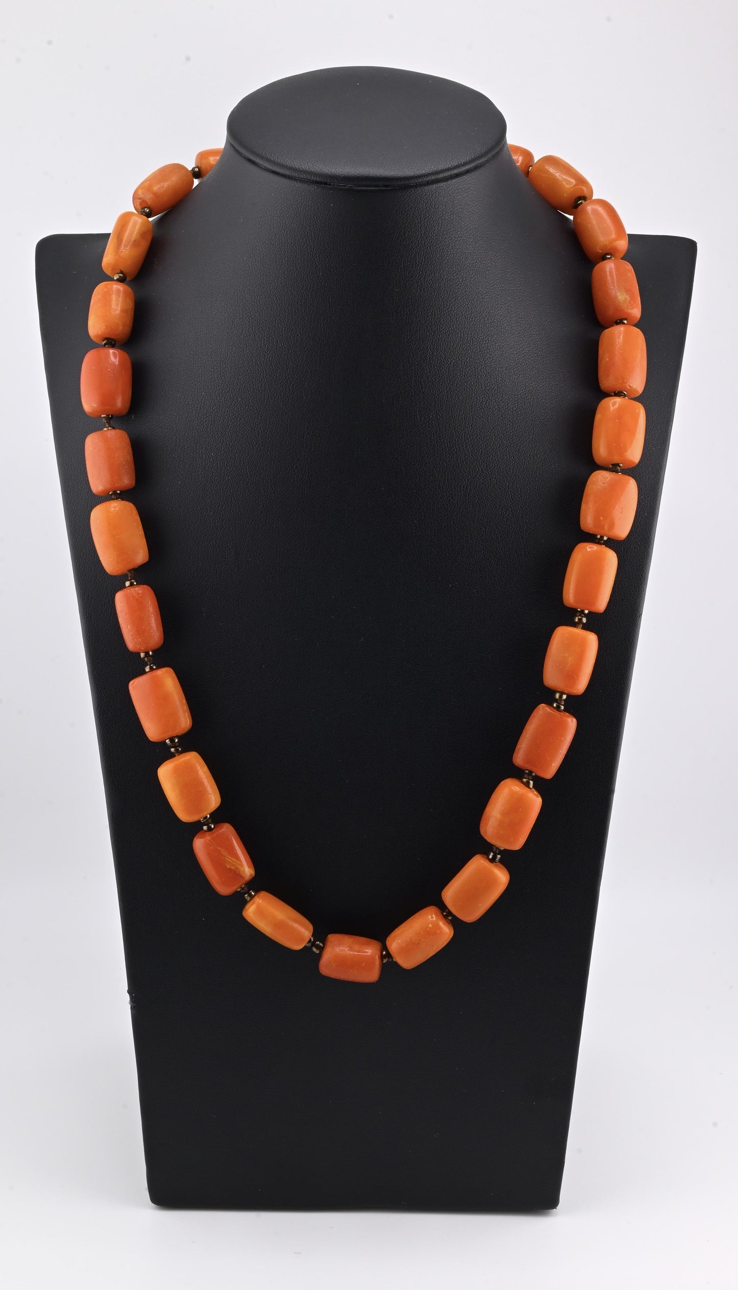 Title: Antique Butterscotch Amber Barrel Bead Necklace - 14k Gold Clasp 49 Grams