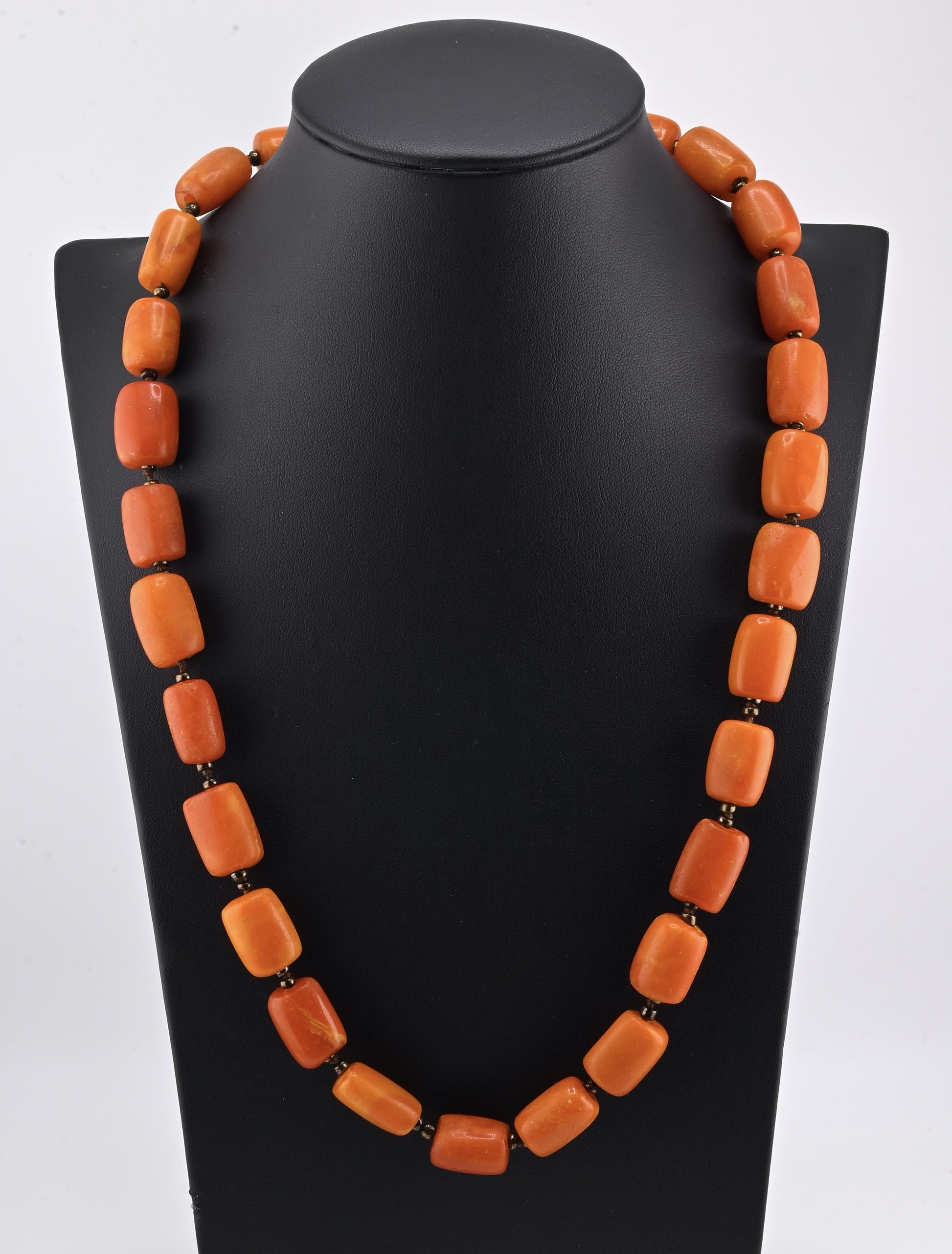 Title: Antique Butterscotch Amber Barrel Bead Necklace - 14k Gold Clasp 49 Grams