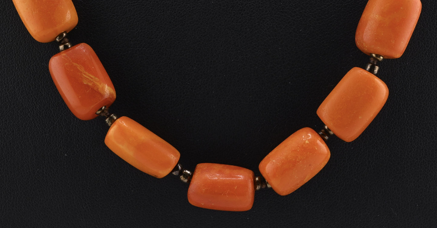 Title: Antique Butterscotch Amber Barrel Bead Necklace - 14k Gold Clasp 49 Grams