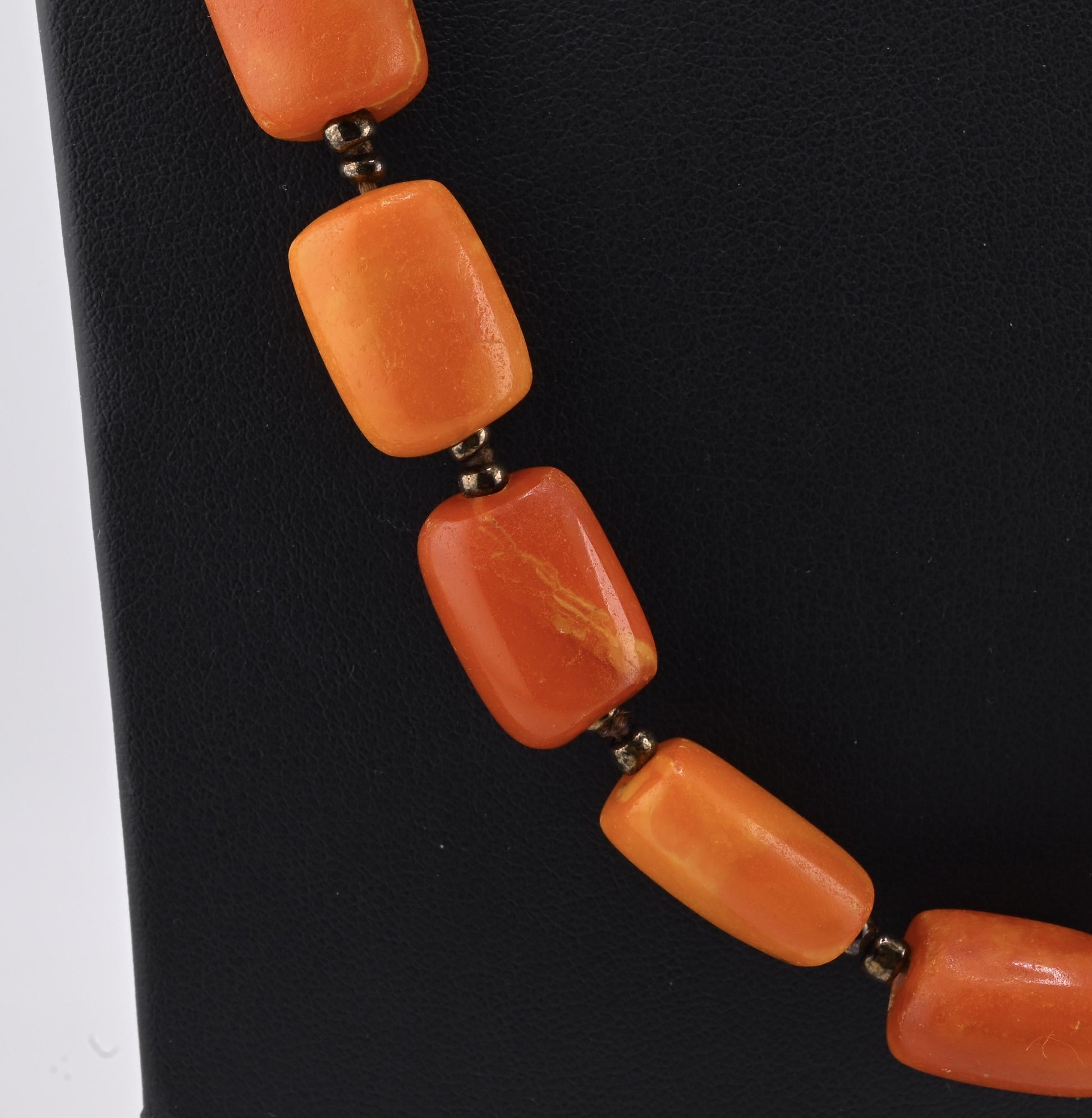 Title: Antique Butterscotch Amber Barrel Bead Necklace - 14k Gold Clasp 49 Grams