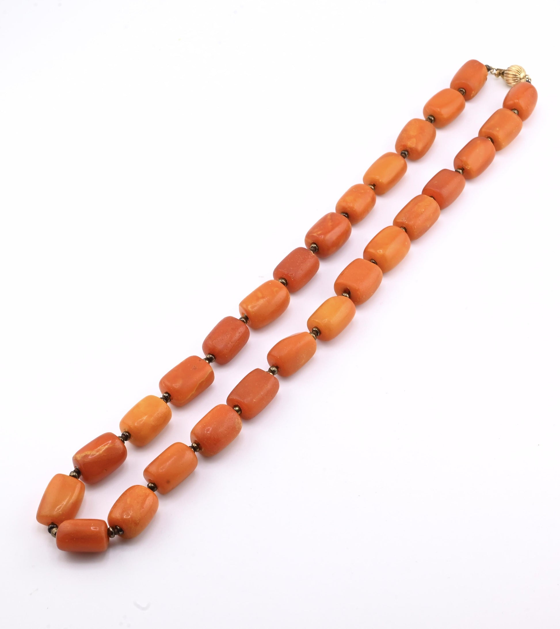 Title: Antique Butterscotch Amber Barrel Bead Necklace - 14k Gold Clasp 49 Grams