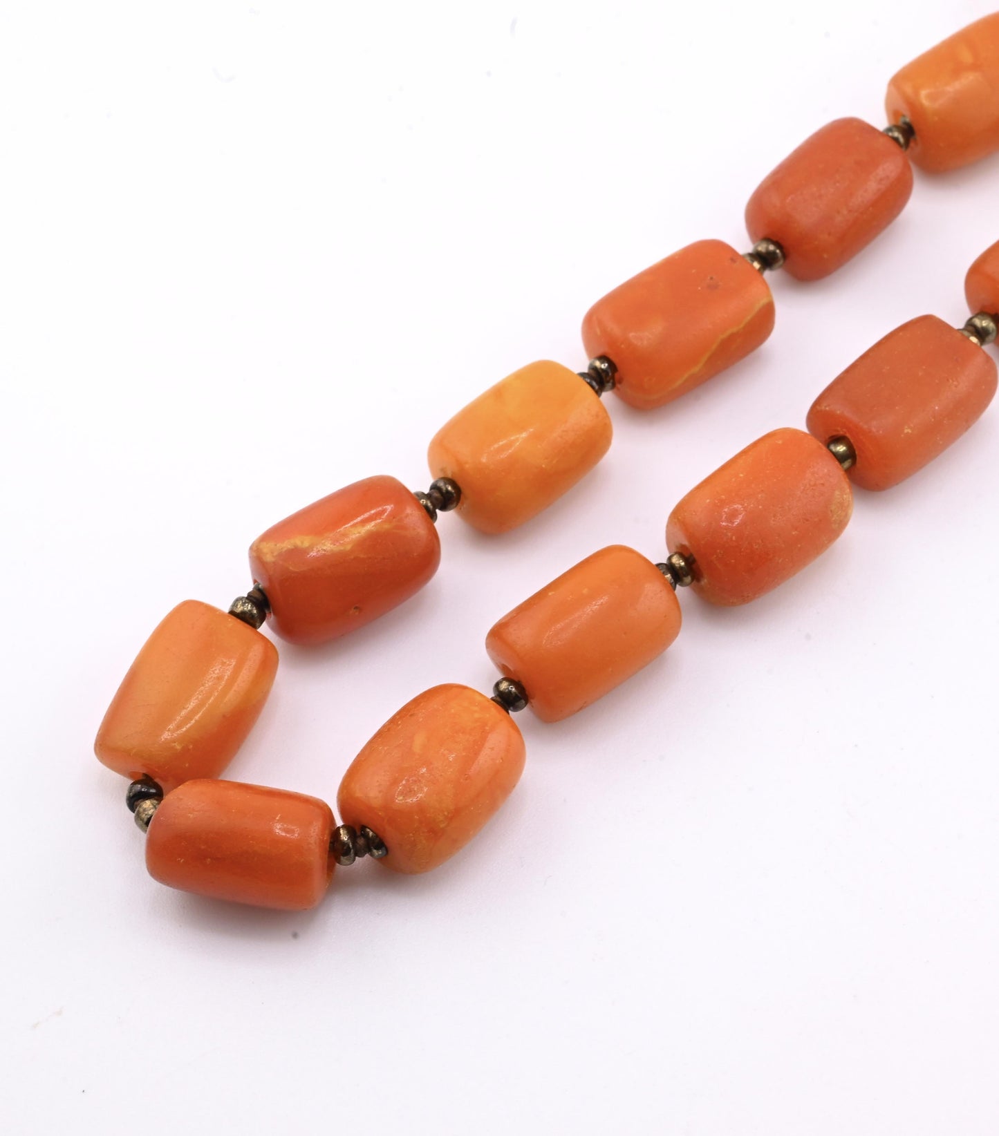Title: Antique Butterscotch Amber Barrel Bead Necklace - 14k Gold Clasp 49 Grams