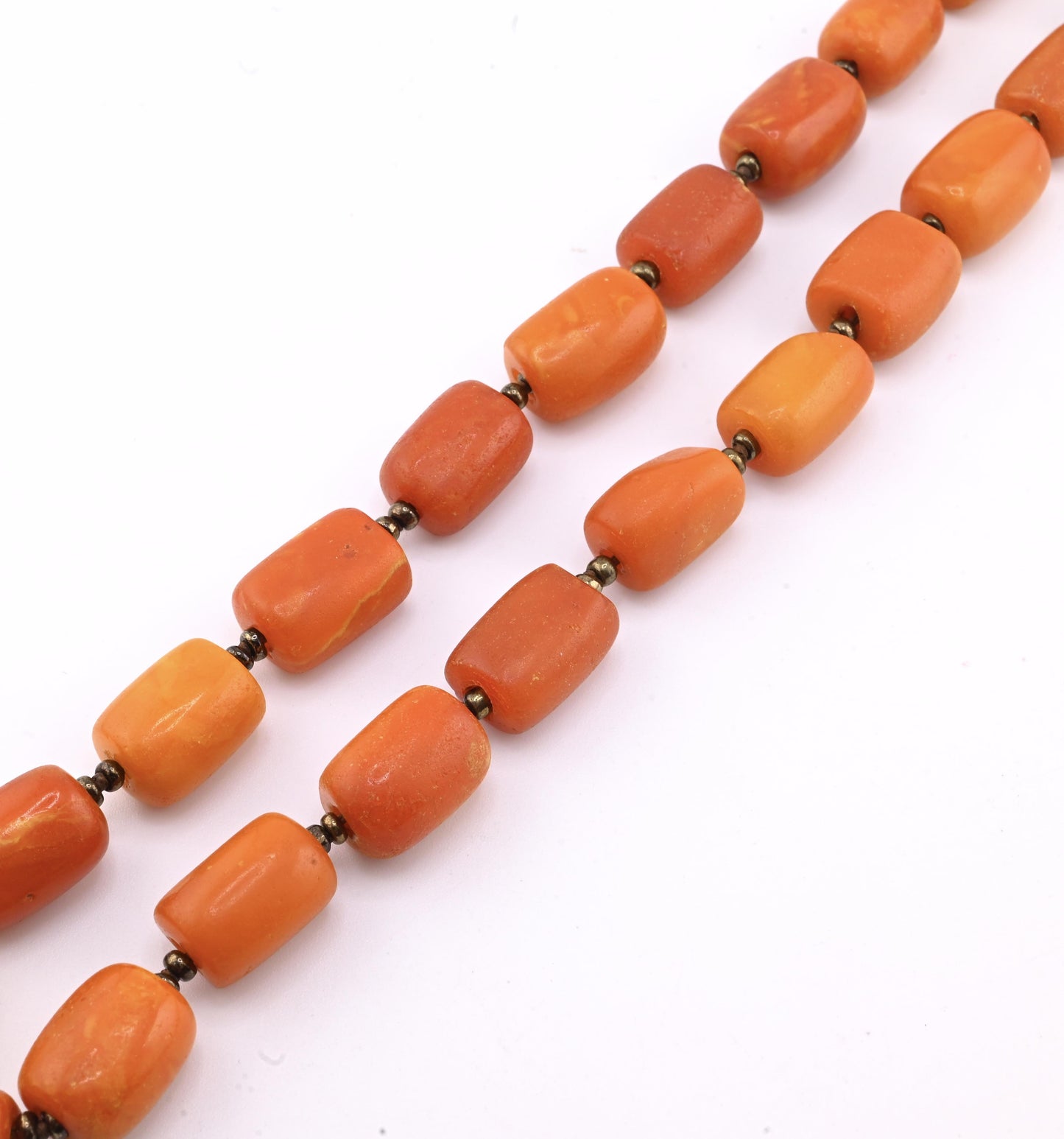 Title: Antique Butterscotch Amber Barrel Bead Necklace - 14k Gold Clasp 49 Grams