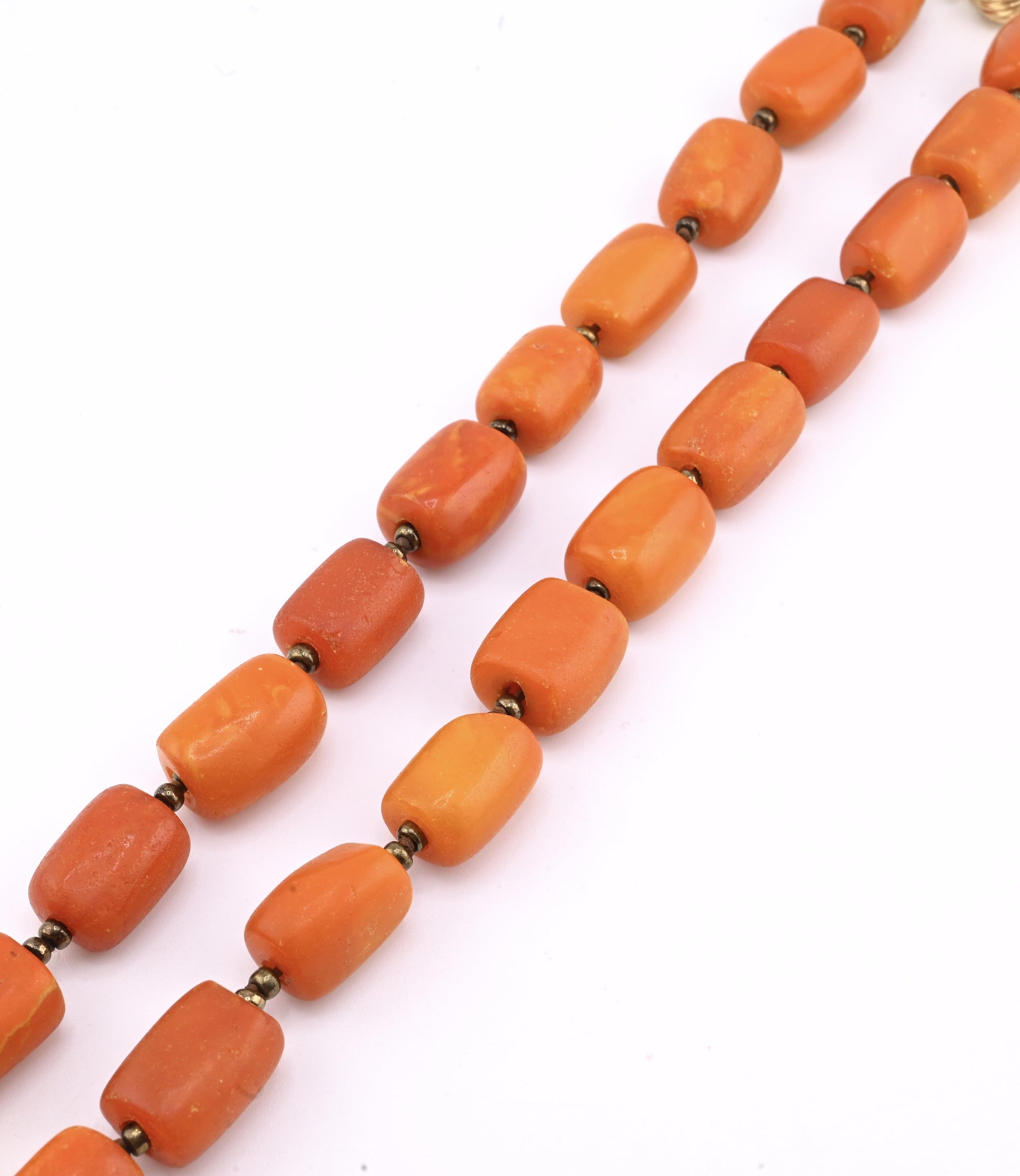 Title: Antique Butterscotch Amber Barrel Bead Necklace - 14k Gold Clasp 49 Grams